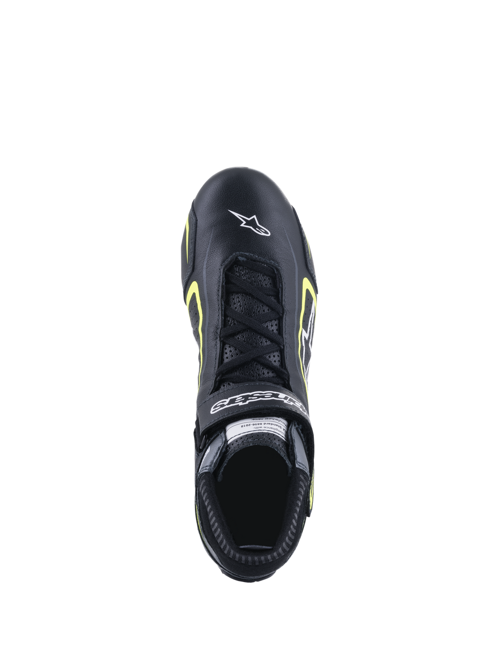 Zapatos Alpinestars Tech-1 T V3 FIA, calzado de automovilismo, negro y amarillo flúor, vista superior que muestra la construcción de cuero, cierre de cordones y logotipo blanco de Alpinestars en la puntera.