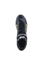 Zapatos Alpinestars Tech-1 T V3 FIA, calzado de automovilismo, negro y amarillo flúor, vista superior que muestra la construcción de cuero, cierre de cordones y logotipo blanco de Alpinestars en la puntera.