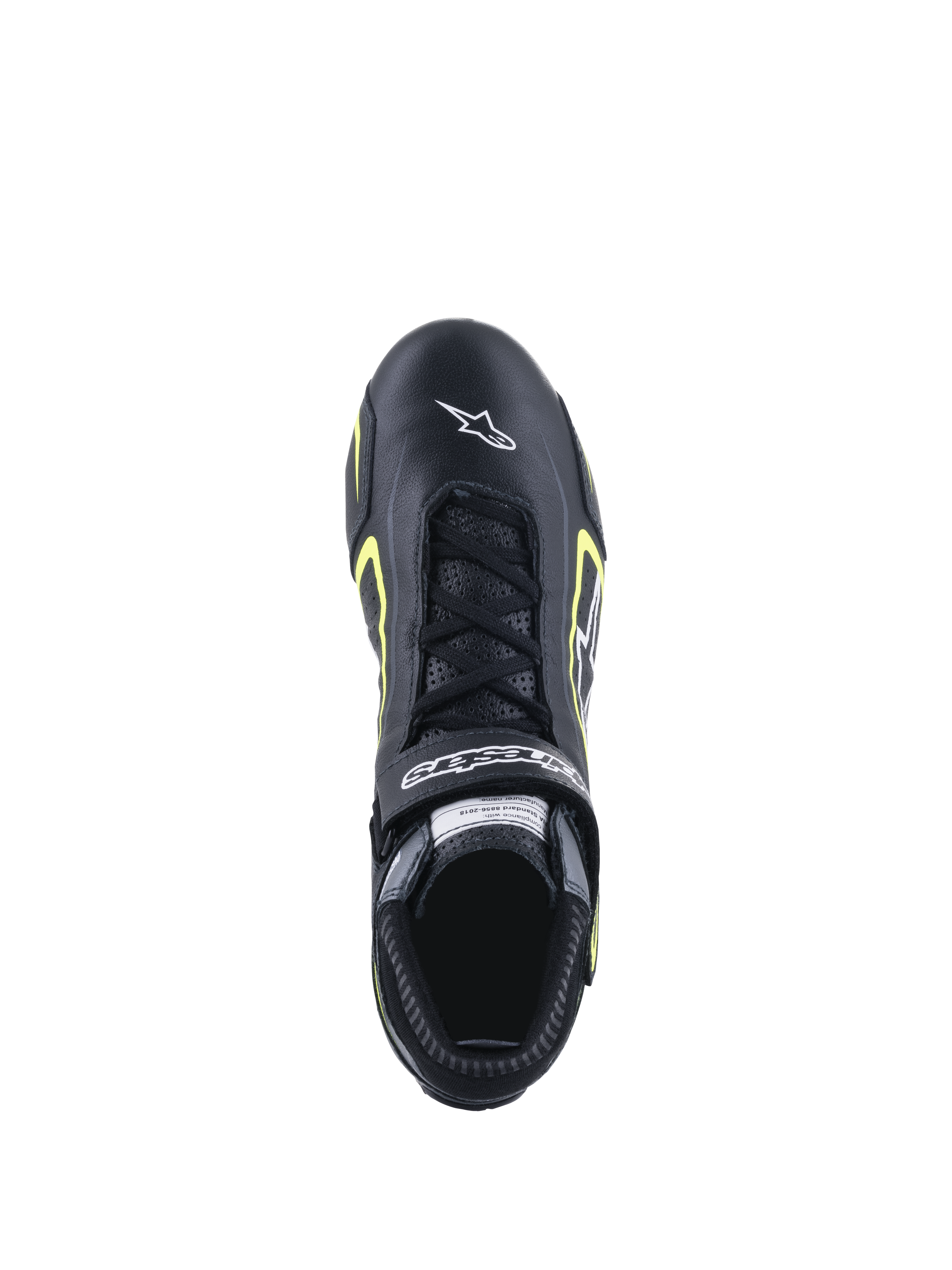 Zapatos Alpinestars Tech-1 T V3 FIA, calzado de automovilismo, negro y amarillo flúor, vista superior que muestra la construcción de cuero, cierre de cordones y logotipo blanco de Alpinestars en la puntera.