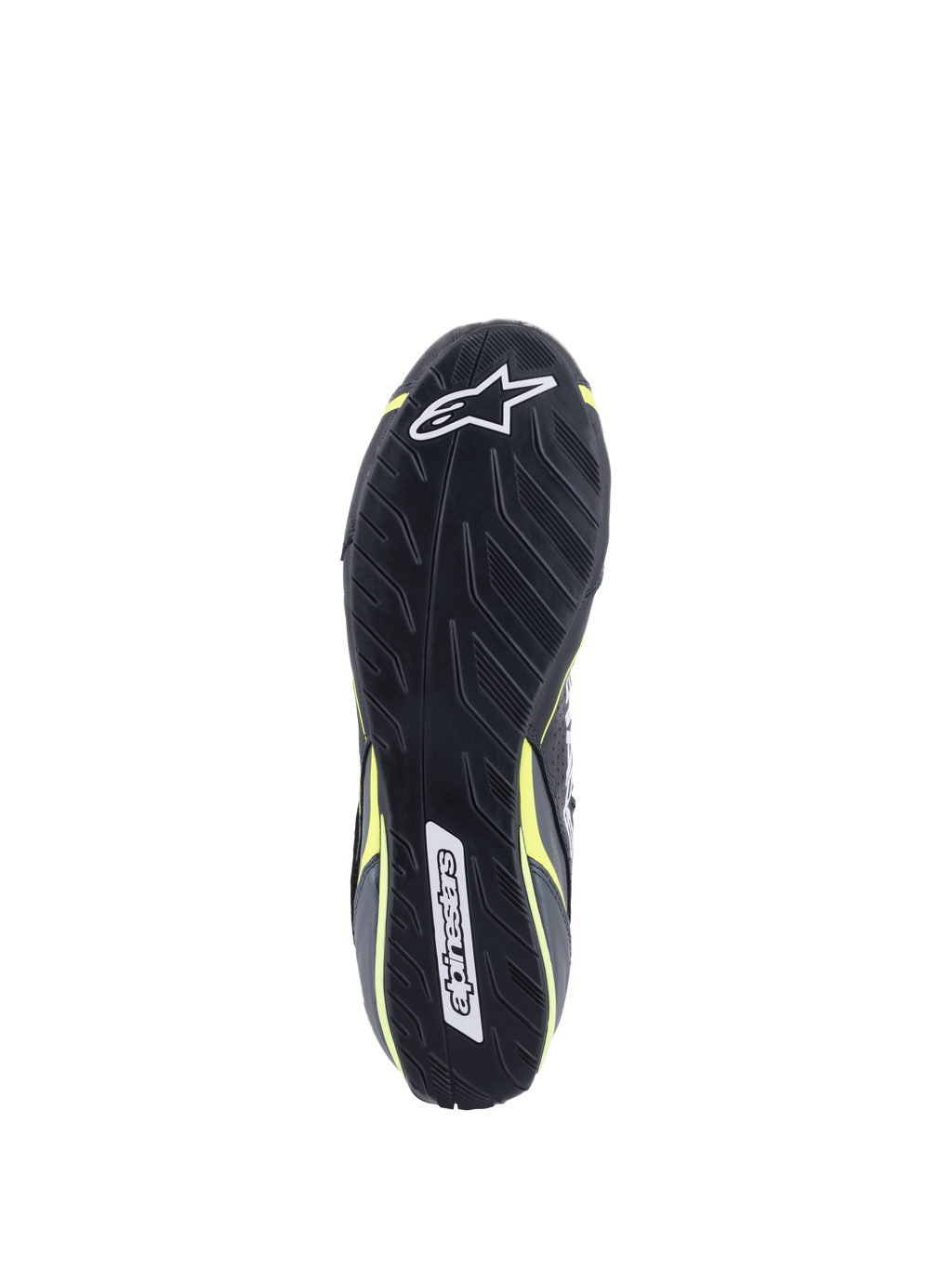 Alpinestars Tech-1 T V3 Shoes FIA, vista de la suela, negro con detalles en amarillo flúor, suela de goma inspirada en el dibujo de un neumático asimétrico, con logotipos de Alpinestars y patrón texturizado para sensibilidad al pedal y agarre.