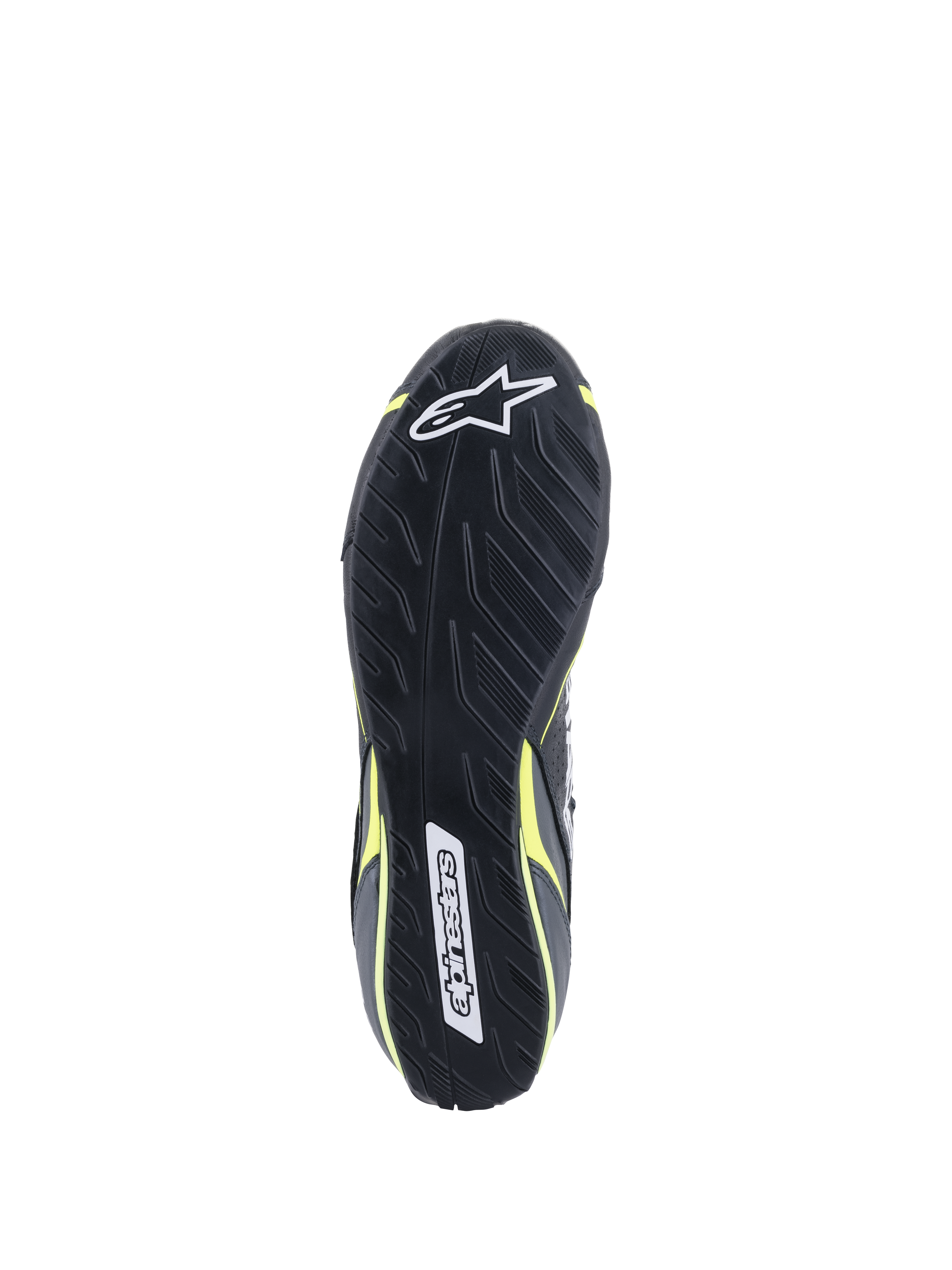 Alpinestars Tech-1 T V3 Shoes FIA, vista de la suela, negro con detalles en amarillo flúor, suela de goma inspirada en el dibujo de un neumático asimétrico, con logotipos de Alpinestars y patrón texturizado para sensibilidad al pedal y agarre.