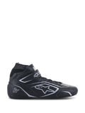 Alpinestars Tech-1 T V3 Shoes FIA, zapatos de carreras negros y plateados, calzado de cuero de caña alta para automovilismo con correa de velcro en el tobillo, paneles laterales perforados y detalles plateados, con homologación FIA para competición profesional.