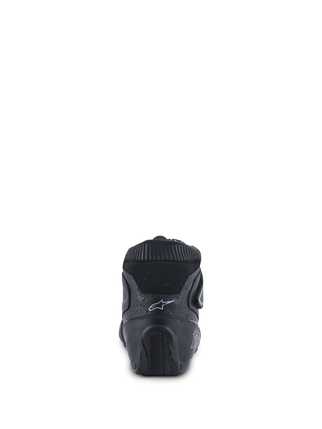 Alpinestars Tech-1 T V3 Shoes FIA, zapatos de automovilismo, negro y plateado, vista trasera que muestra el contrafuerte ergonómico del talón, el logotipo blanco de Astars y la suela de goma texturizada diseñada para el control de los pedales.