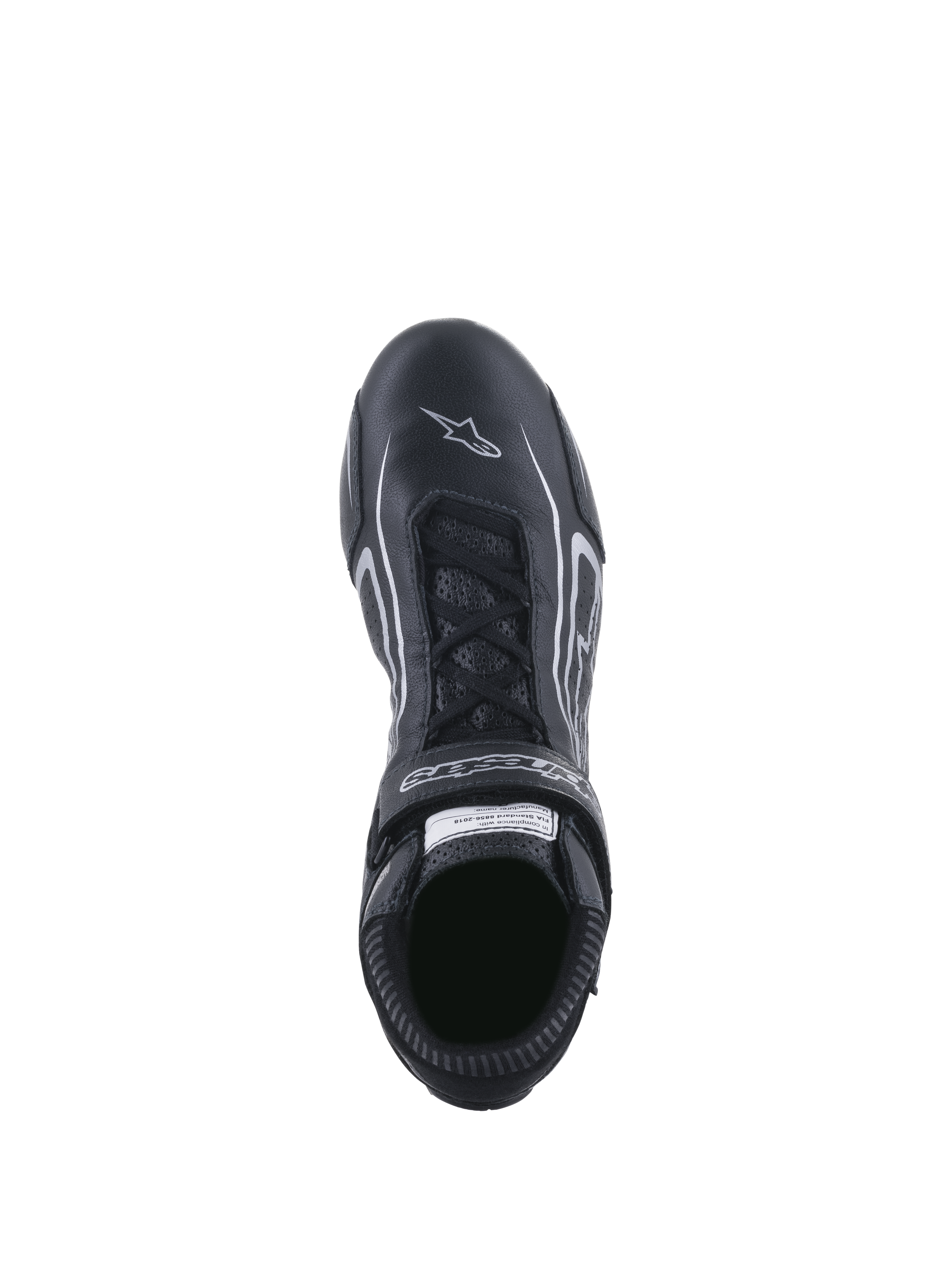 Zapatos Tech-1 T V3 FIA de Alpinestars, calzado para automovilismo, negro y plateado, vista superior que muestra el sistema de cordones y la correa de velcro con la marca, cuero de vaca de plena flor con el logo de la estrella blanca en la puntera, calzado profesional para automovilismo.