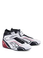 Alpinestars Tech-1 T V3 Shoes FIA, calzado para automovilismo, blanco con detalles en negro y rojo, con parte superior de cuero de plena flor, correa de tobillo ajustable de gancho y bucle, paneles laterales perforados con el logo de Astars y diseño de carreras profesional.
