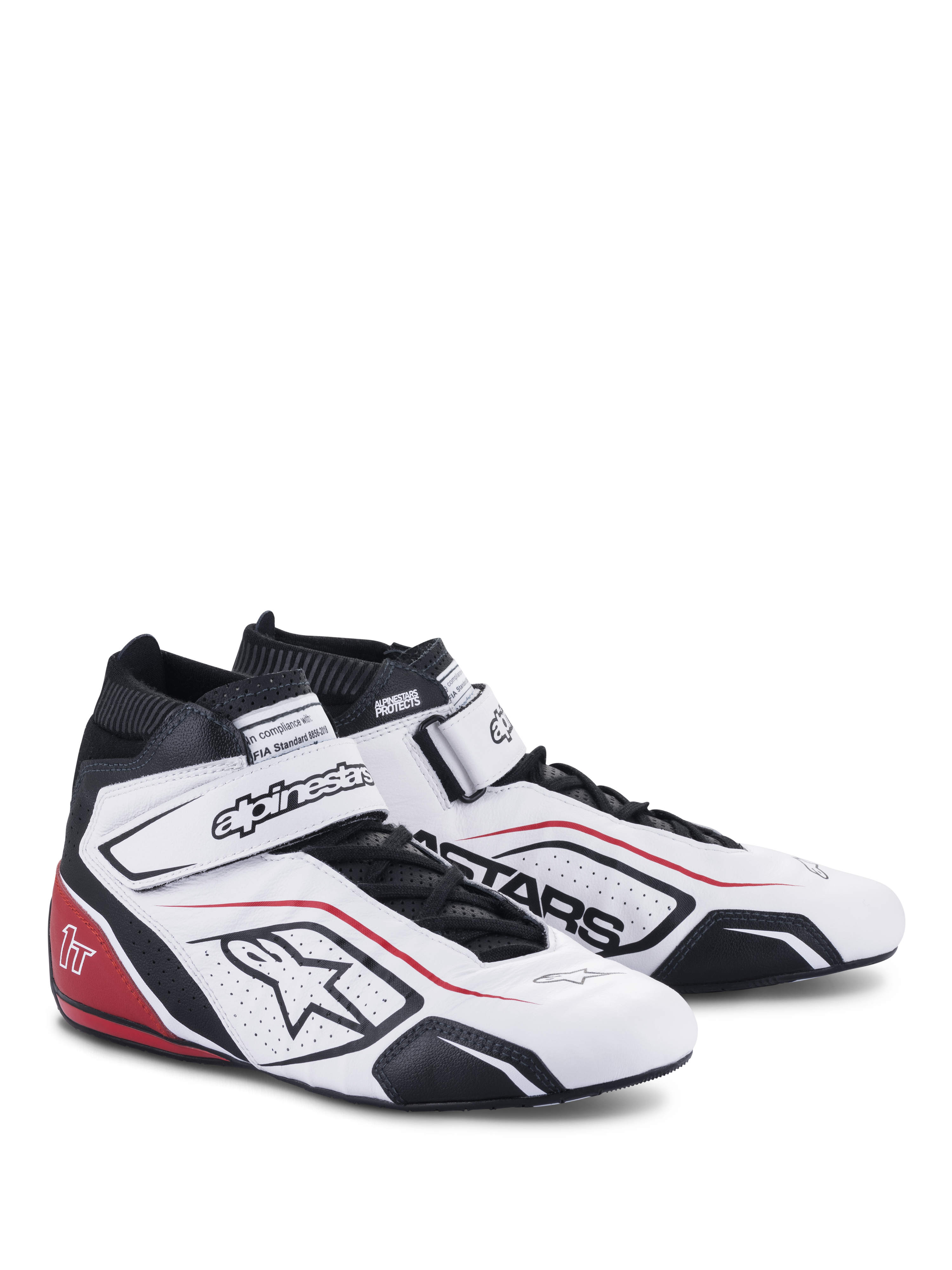 Alpinestars Tech-1 T V3 Shoes FIA, calzado para automovilismo, blanco con detalles en negro y rojo, con parte superior de cuero de plena flor, correa de tobillo ajustable de gancho y bucle, paneles laterales perforados con el logo de Astars y diseño de carreras profesional.
