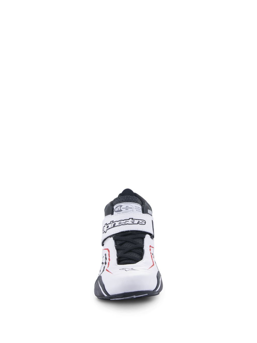 Zapatos Alpinestars Tech-1 T V3, zapatos de automovilismo, blanco, negro y rojo, vista frontal con correa de cierre de gancho y bucle con la marca Alpinestars, cordones negros y etiqueta de certificación SFI en la lengüeta