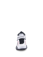 Zapatos Alpinestars Tech-1 T V3, zapatos de automovilismo, blanco, negro y rojo, vista frontal con correa de cierre de gancho y bucle con la marca Alpinestars, cordones negros y etiqueta de certificación SFI en la lengüeta