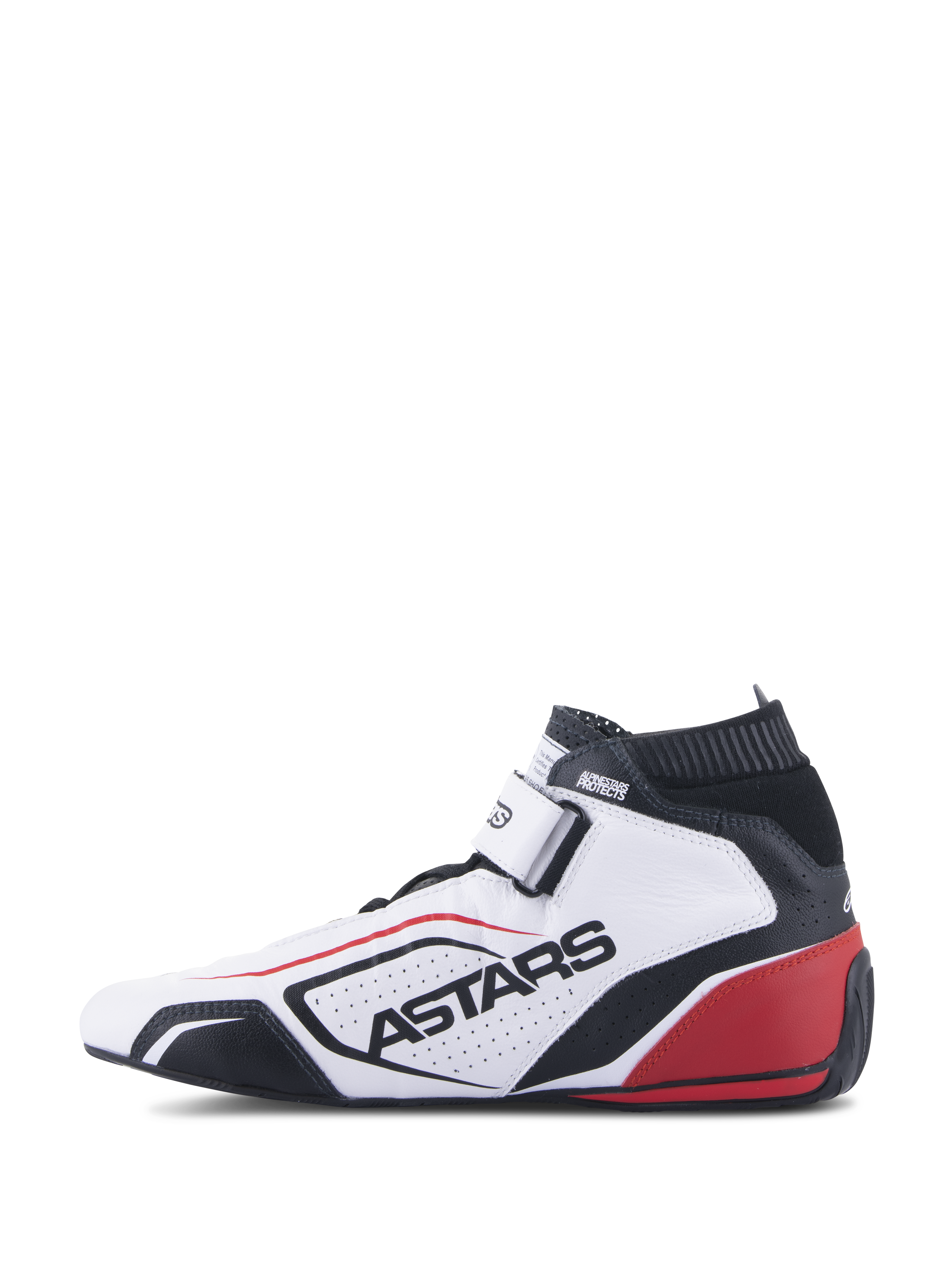 Zapatillas Alpinestars Tech-1 T V3 FIA, calzado profesional para automovilismo, blanco, negro y rojo, vista de perfil con logotipo ASTARS en cuero perforado, cuello ignífugo negro y detalles rojos en el talón, diseño de alto rendimiento para deportes de motor.