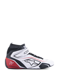 Alpinestars Tech-1 T V3 Shoes FIA, zapatillas de automovilismo, blanco, negro y rojo, vista de perfil lateral, diseño de cuero de caña alta con paneles perforados, talón rojo con logo 1T, cuello elástico negro, cierre de correa ajustable, calzado profesional para deportes de motor