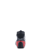 Alpinestars Tech-1 T V3 Shoes FIA, zapatos de automovilismo, blanco, negro y rojo, vista trasera que muestra el contrafuerte del talón rojo y la suela negra texturizada, logotipo blanco de Alpinestars en la parte superior de cuero negro