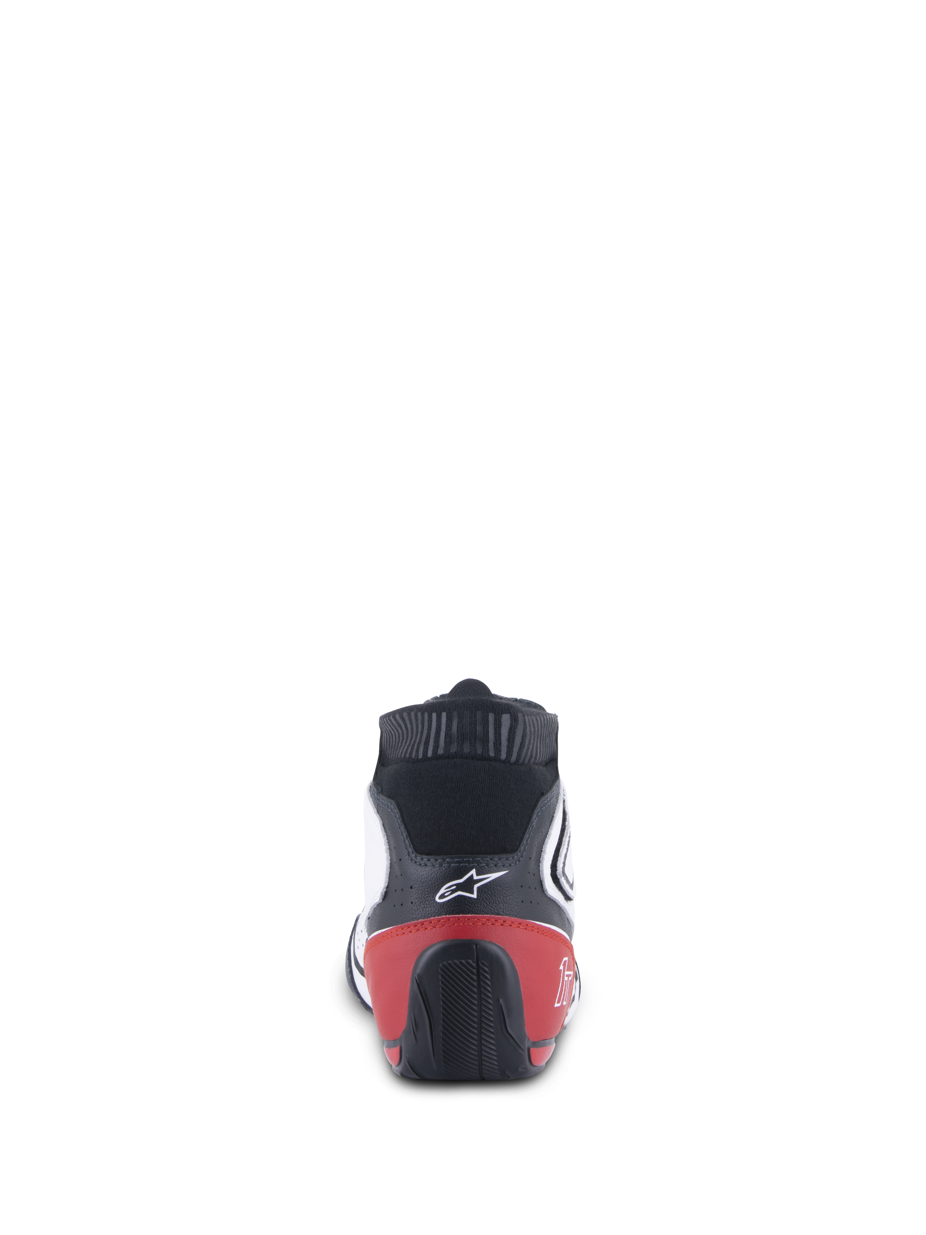 Alpinestars Tech-1 T V3 Shoes FIA, zapatos de automovilismo, blanco, negro y rojo, vista trasera que muestra el contrafuerte del talón rojo y la suela negra texturizada, logotipo blanco de Alpinestars en la parte superior de cuero negro