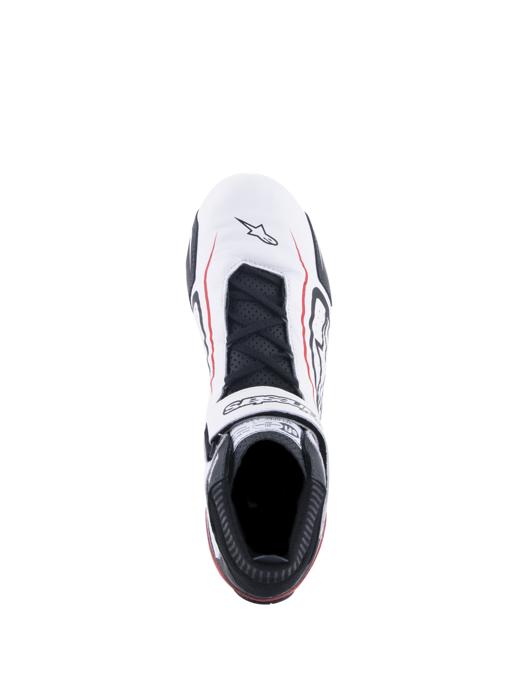 Alpinestars Tech-1 T V3 Shoes FIA, zapatos de automovilismo, blanco, negro y rojo, vista superior que presenta una parte superior de cuero blanco con líneas de acento rojas, cordones negros, correa de gancho y bucle con la marca y etiqueta de certificación SFI en la lengüeta