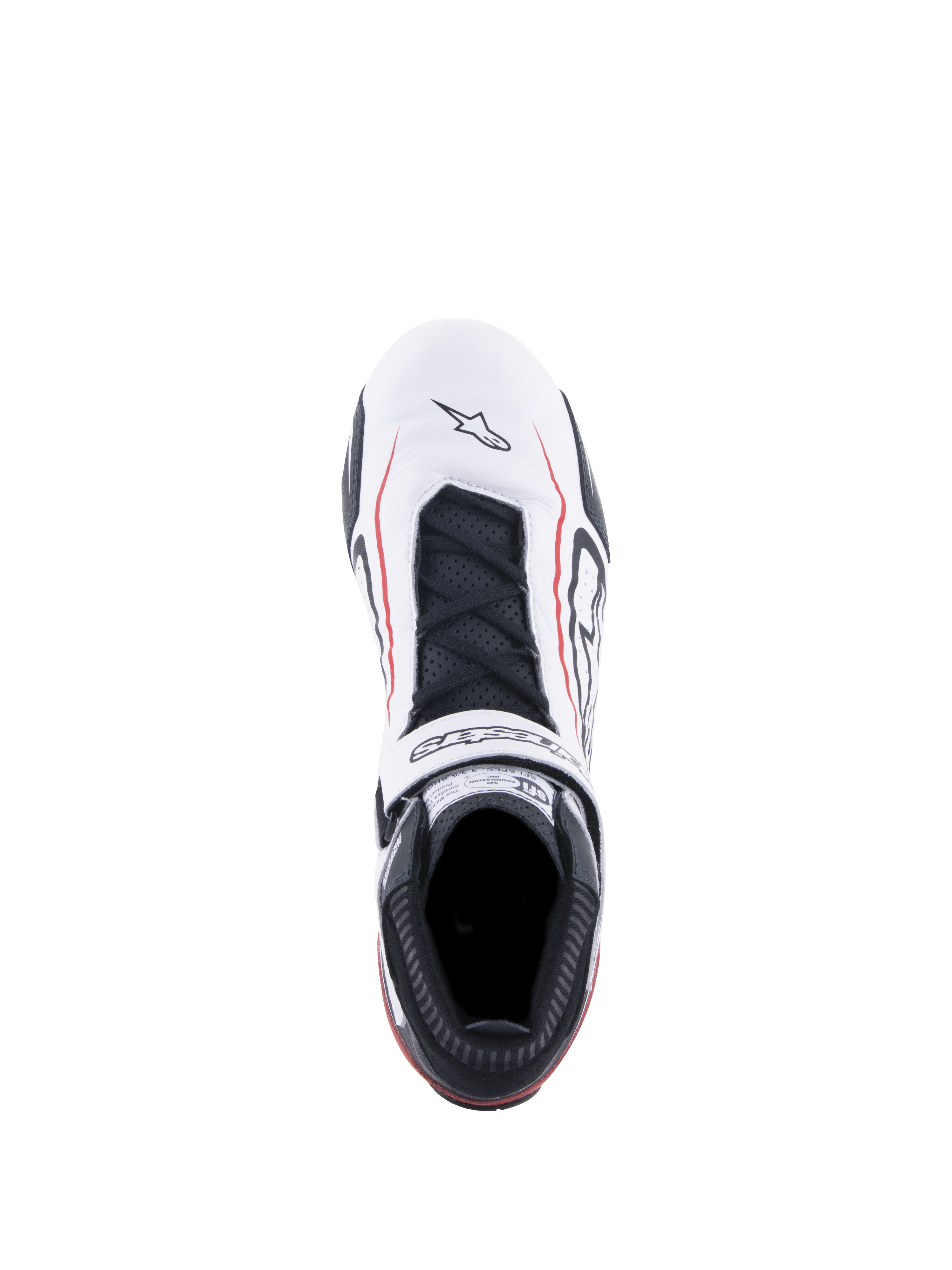 Alpinestars Tech-1 T V3 Shoes FIA, zapatos de automovilismo, blanco, negro y rojo, vista superior que presenta una parte superior de cuero blanco con líneas de acento rojas, cordones negros, correa de gancho y bucle con la marca y etiqueta de certificación SFI en la lengüeta