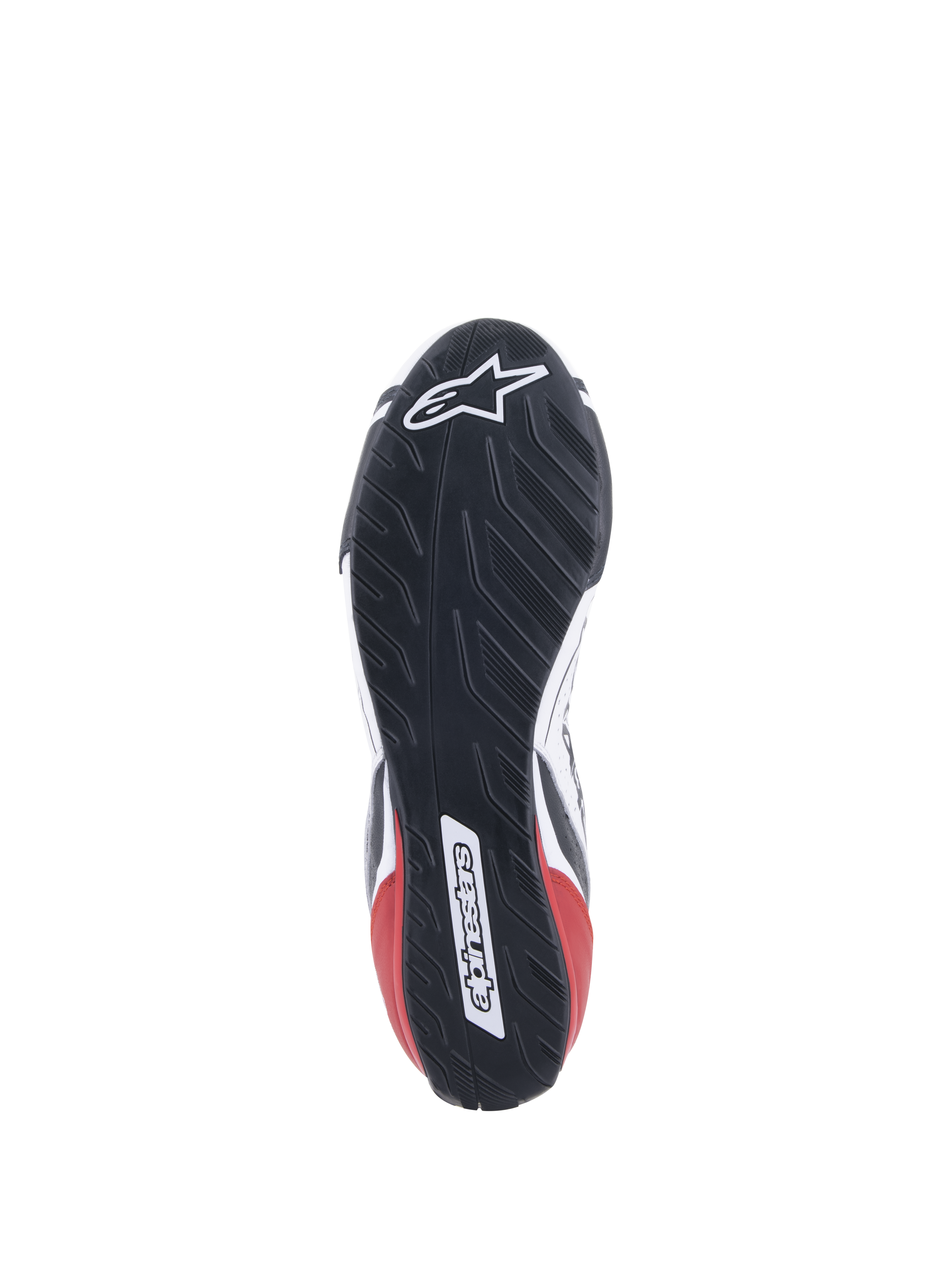 Zapatillas Alpinestars Tech-1 T V3 FIA, calzado de automovilismo, blanco, negro y rojo, vista detallada de la suela de goma asimétrica inspirada en el dibujo de un neumático, con el logotipo y el nombre de Alpinestars, diseño de suela resistente al aceite y repelente al agua