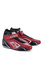 Alpinestars Tech-1 T V3 Shoes FIA, zapatillas de automovilismo, rojo, negro y blanco, par de zapatillas de cuero de media altura con correas de gancho y bucle ajustables y cordones tradicionales, con logotipos blancos de Alpinestars destacados y paneles laterales perforados.