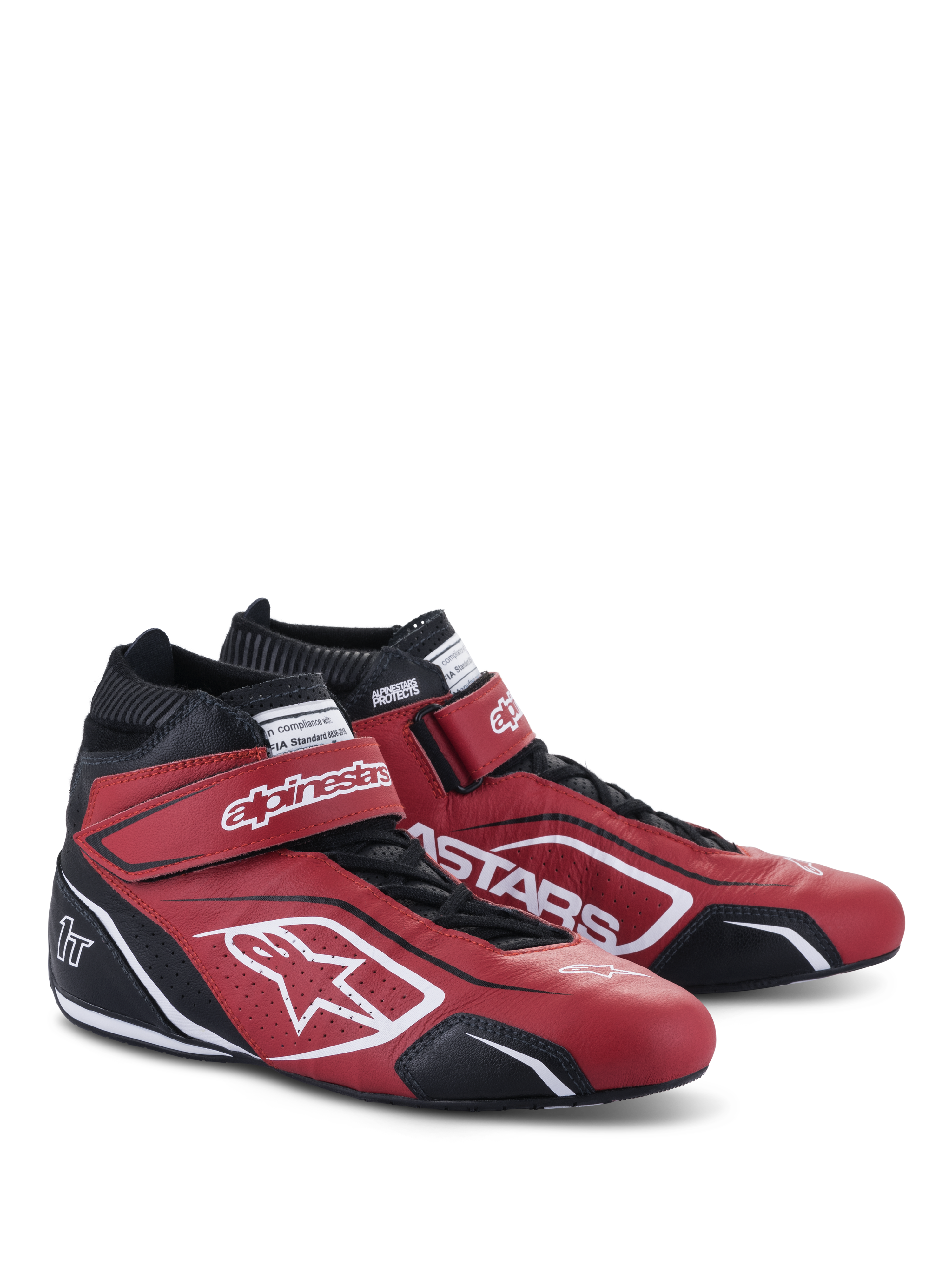 Alpinestars Tech-1 T V3 Shoes FIA, zapatillas de automovilismo, rojo, negro y blanco, par de zapatillas de cuero de media altura con correas de gancho y bucle ajustables y cordones tradicionales, con logotipos blancos de Alpinestars destacados y paneles laterales perforados.