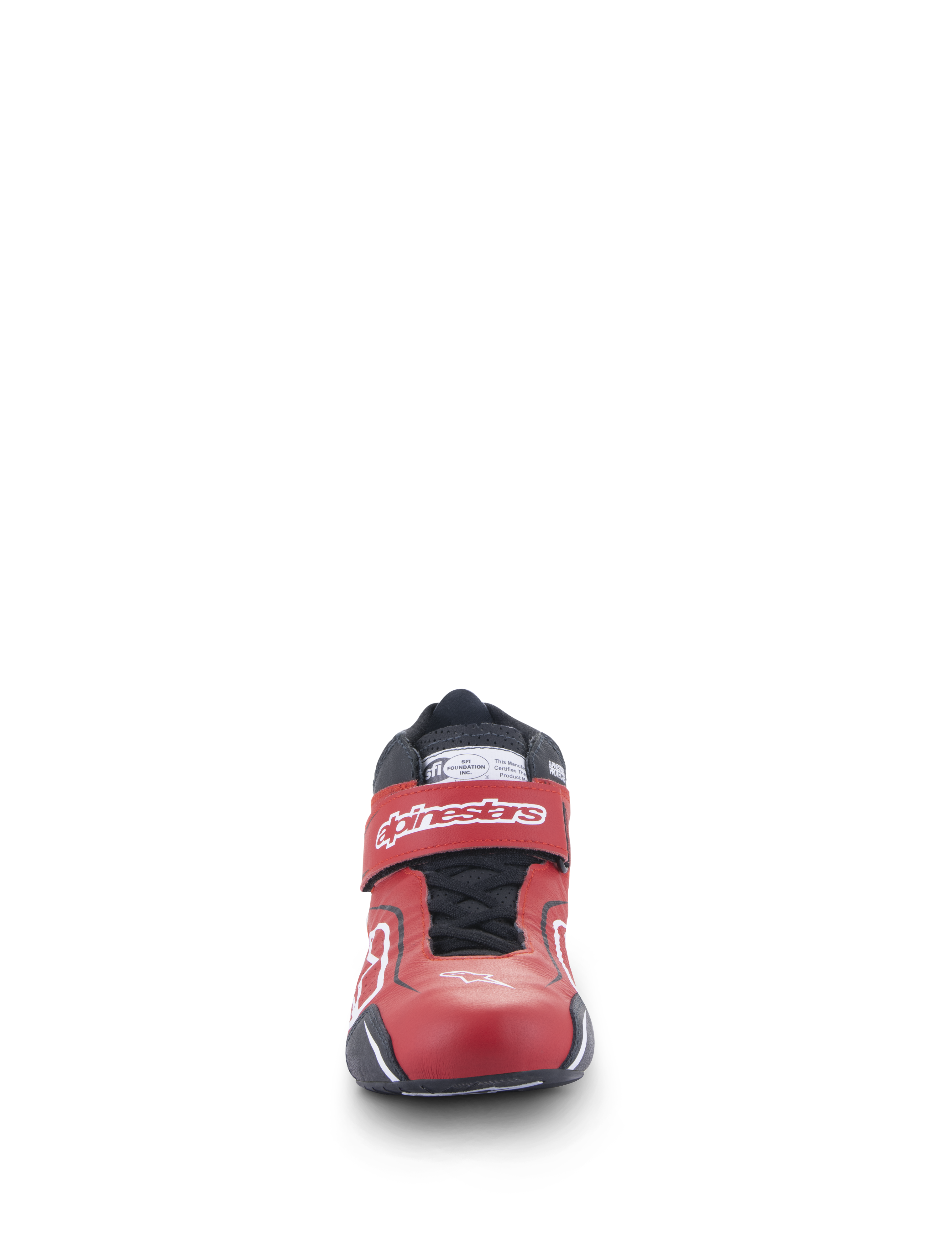 Alpinestars Tech-1 T V3 Shoes FIA, calzado de automovilismo, rojo, negro y blanco, vista frontal que muestra el elegante diseño de cuero, correa ajustable en el tobillo con logotipo blanco y sistema de cierre con cordones negros.