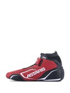 Alpinestars Tech-1 T V3 Shoes FIA, calzado para automovilismo, rojo, negro y blanco, vista de perfil lateral con marca ASTARS en blanco, correa de cierre de velcro y cuello elástico ignífugo, calzado profesional de competición con construcción en cuero de vaca