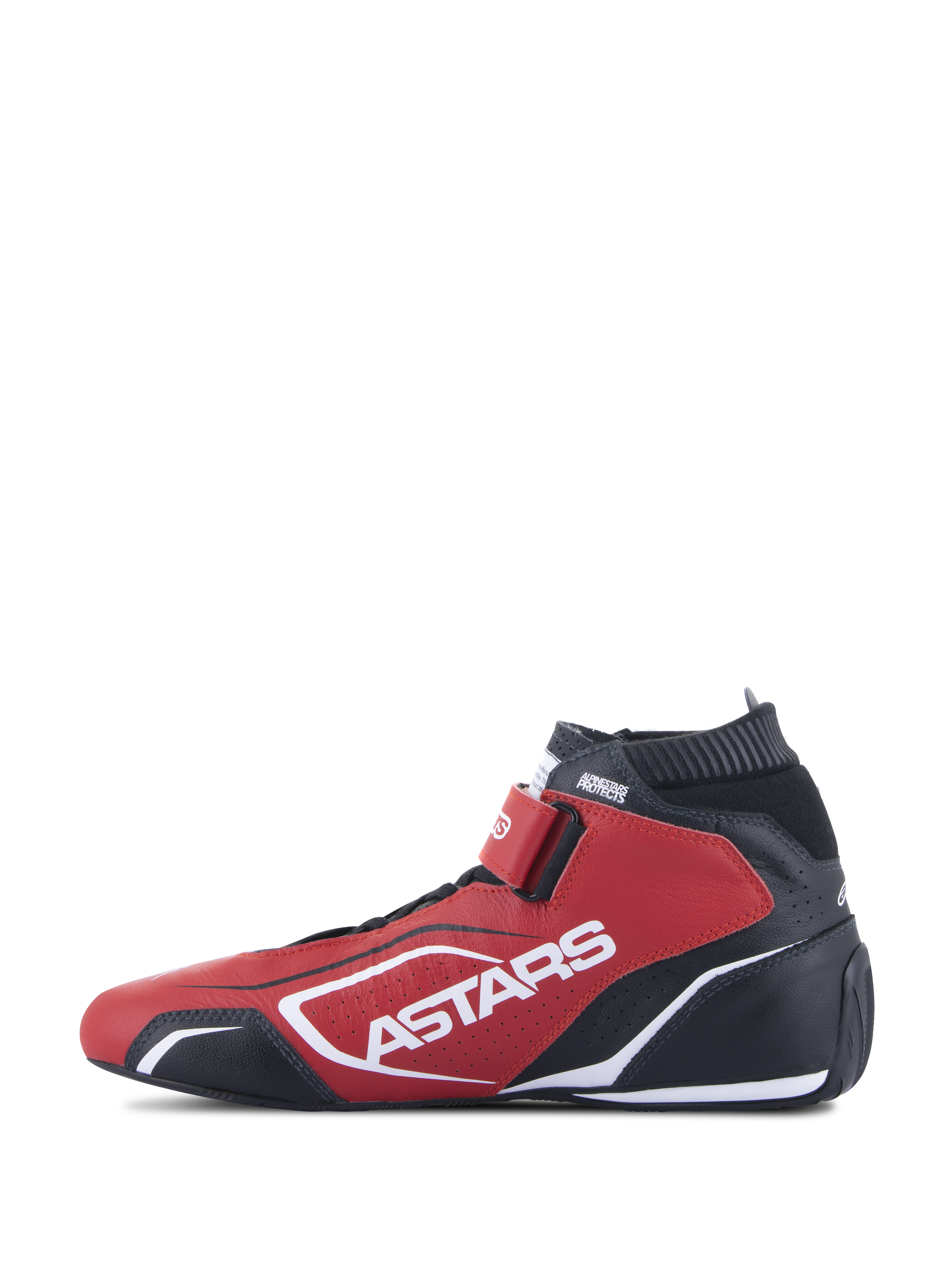 Alpinestars Tech-1 T V3 Shoes FIA, calzado para automovilismo, rojo, negro y blanco, vista de perfil lateral con marca ASTARS en blanco, correa de cierre de velcro y cuello elástico ignífugo, calzado profesional de competición con construcción en cuero de vaca