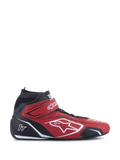 Alpinestars Tech-1 T V3 Shoes FIA, zapatos de carreras profesionales en rojo y negro, perfil lateral, diseño de caña alta, logotipo blanco de Alpinestars y marca 1T, correa de velcro en el tobillo, piel de vacuno perforada para mayor transpirabilidad, suela de rendimiento negra y fina, calzado de automovilismo con certificación FIA