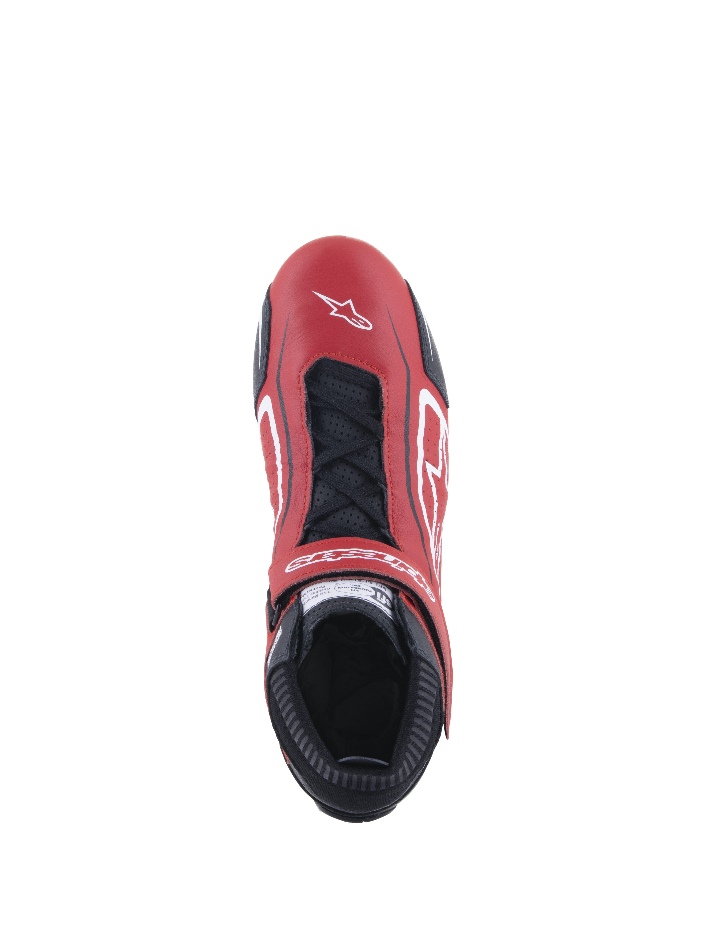 Alpinestars Tech-1 T V3 Shoes FIA, zapatos de automovilismo, rojos, negros y blancos, vista superior que muestra la parte superior de cuero de vaca rojo con cordones negros y correa ajustable, con logotipos blancos y un perfil delgado para conducción competitiva.