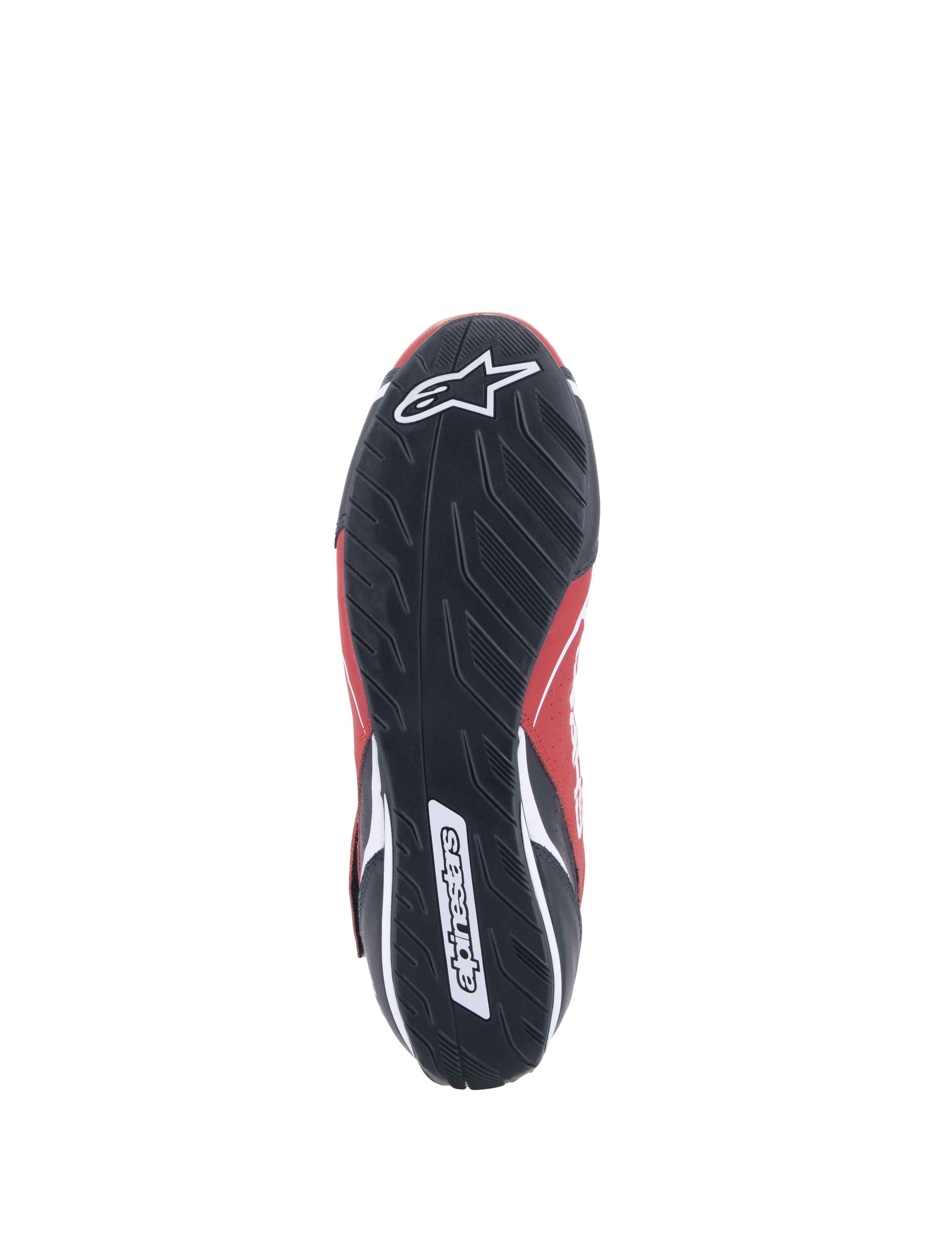 Zapatos Alpinestars Tech-1 T V3 FIA, calzado de automovilismo, rojo, negro y blanco, vista inferior de la suela de goma negra con un patrón de dibujo de neumático asimétrico y logotipo de Alpinestars en blanco