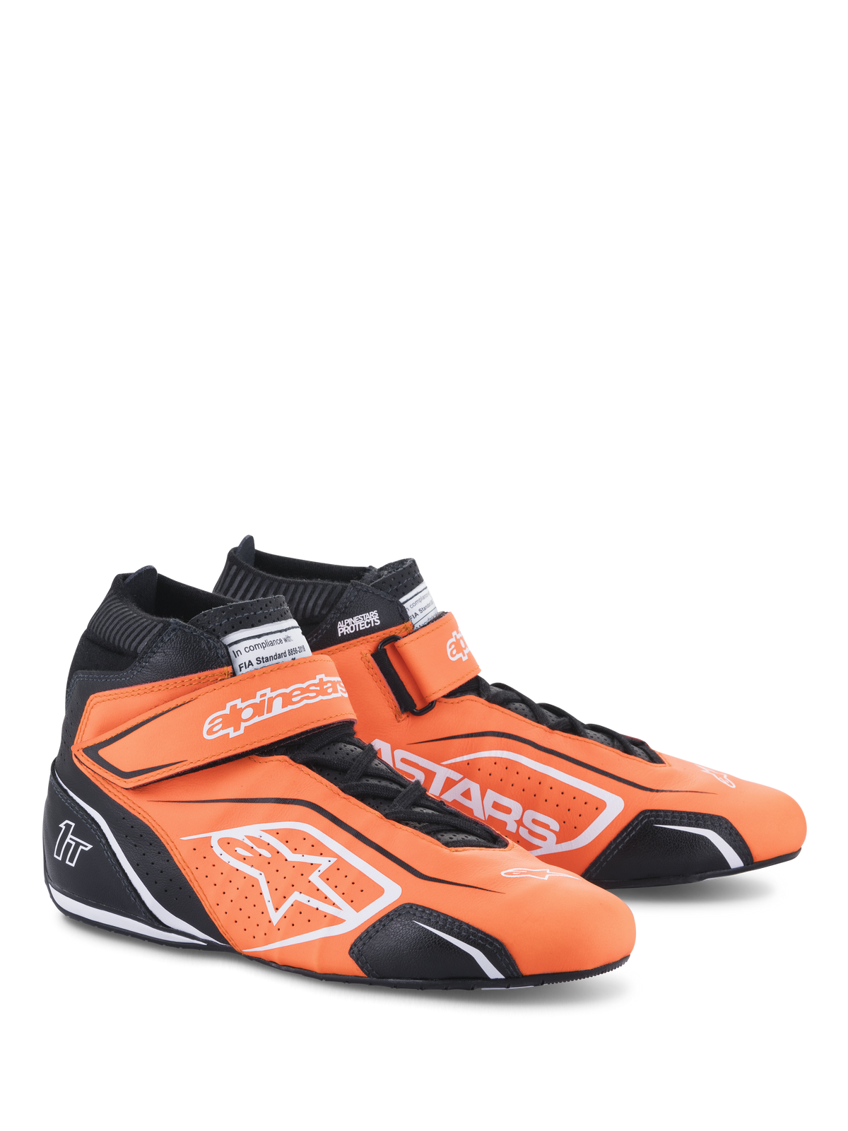 Alpinestars Tech-1 T V3 Shoes, zapatillas de automovilismo, naranja flúor, negro y blanco, calzado profesional de cuero de caña alta con correas de gancho y bucle sobre los cordones, logotipos de Alpinestars en blanco y paneles protectores negros para rendimiento en el automovilismo