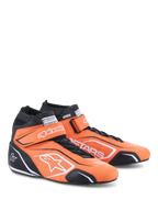 Alpinestars Tech-1 T V3 Shoes, zapatillas de automovilismo, naranja flúor, negro y blanco, calzado profesional de cuero de caña alta con correas de gancho y bucle sobre los cordones, logotipos de Alpinestars en blanco y paneles protectores negros para rendimiento en el automovilismo