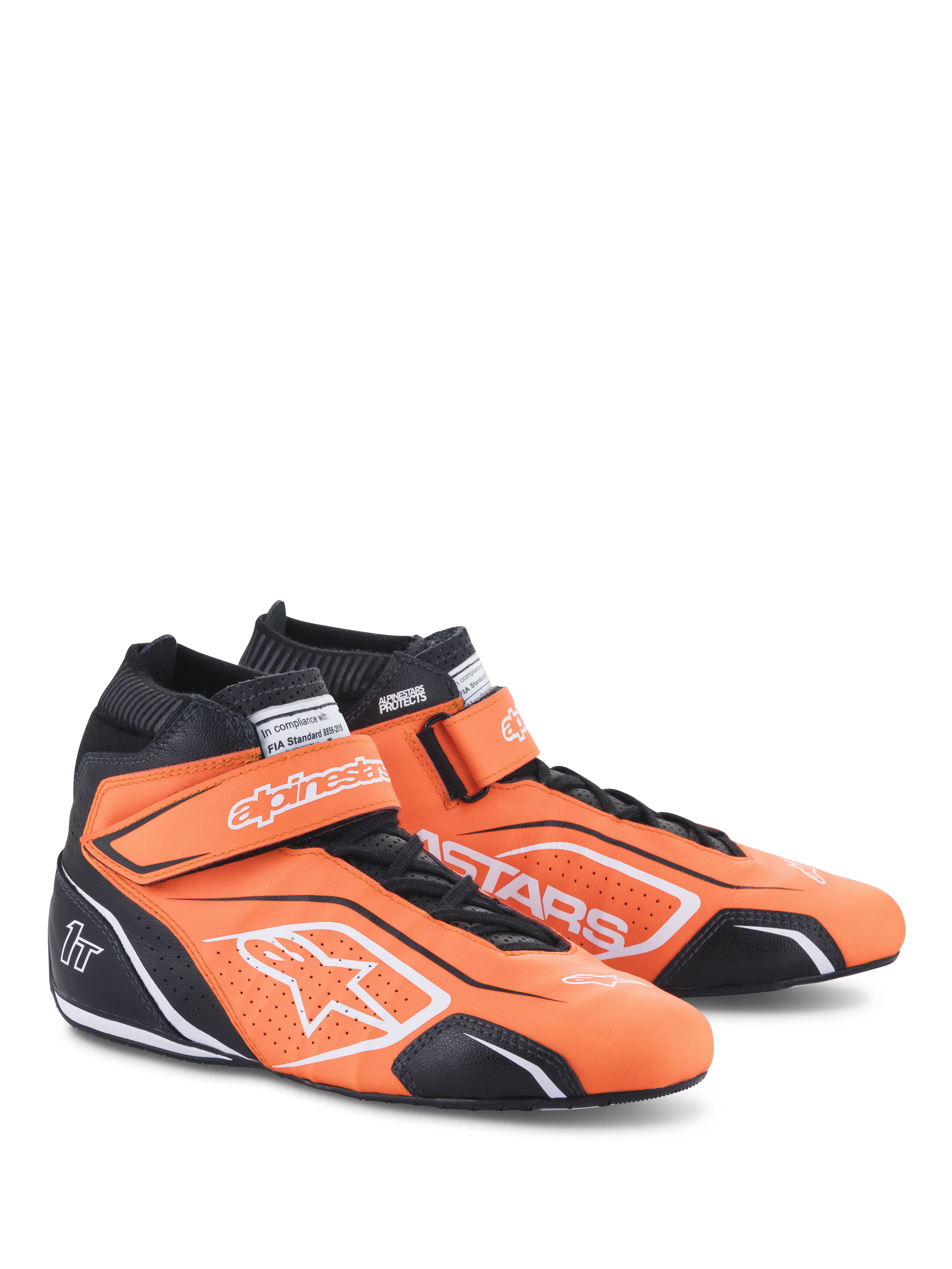 Alpinestars Tech-1 T V3 Shoes, zapatillas de automovilismo, naranja flúor, negro y blanco, calzado profesional de cuero de caña alta con correas de gancho y bucle sobre los cordones, logotipos de Alpinestars en blanco y paneles protectores negros para rendimiento en el automovilismo