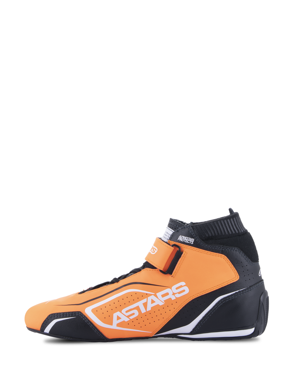 Alpinestars Tech-1 T V3 Shoes FIA, zapatos de carreras de autos, naranja flúor, negro y blanco, vista de perfil lateral, con construcción de cuero de vaca, correa de tobillo de gancho y bucle, y marca Astars en blanco.