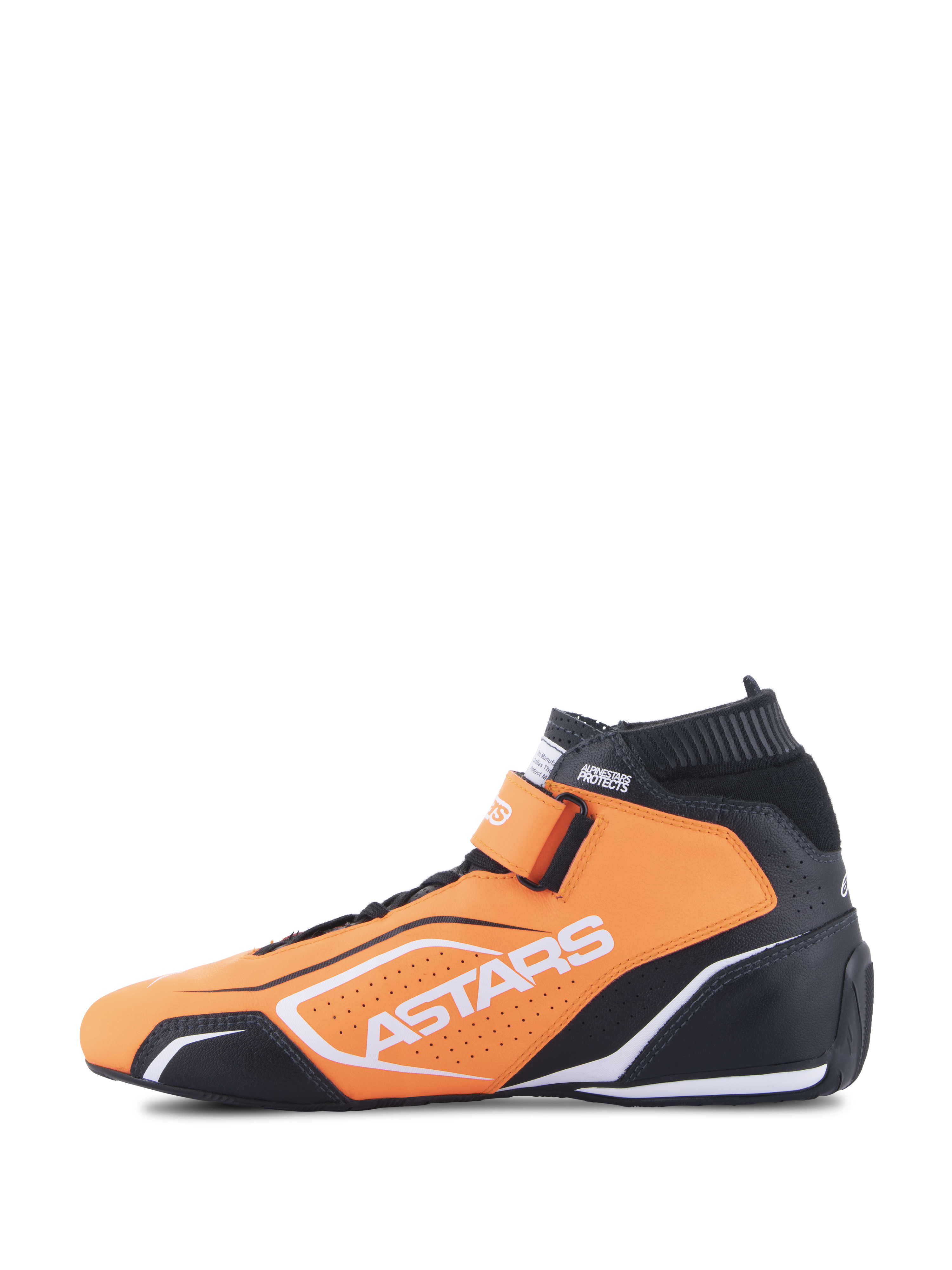 Alpinestars Tech-1 T V3 Shoes FIA, zapatos de carreras de autos, naranja flúor, negro y blanco, vista de perfil lateral, con construcción de cuero de vaca, correa de tobillo de gancho y bucle, y marca Astars en blanco.