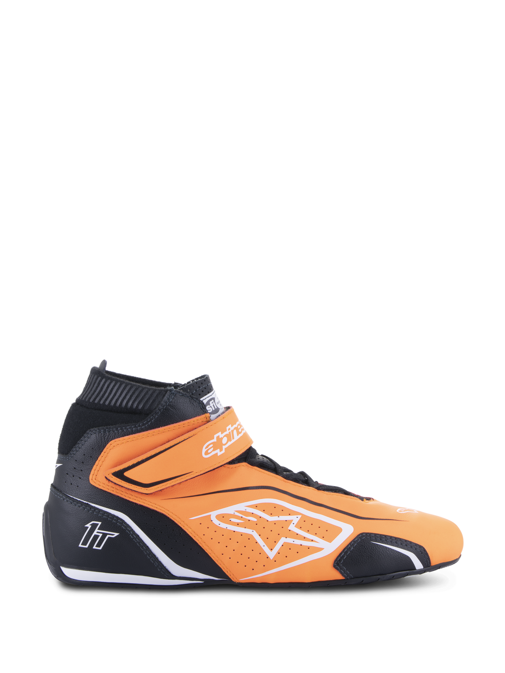Alpinestars Tech-1 T V3 FIA Racing Shoes, naranja flúor y negro, calzado de automovilismo de caña alta con detalles blancos y correa de velcro en el tobillo, cuero perforado para transpirabilidad, vista lateral de equipo profesional de automovilismo