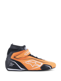 Alpinestars Tech-1 T V3 FIA Racing Shoes, naranja flúor y negro, calzado de automovilismo de caña alta con detalles blancos y correa de velcro en el tobillo, cuero perforado para transpirabilidad, vista lateral de equipo profesional de automovilismo