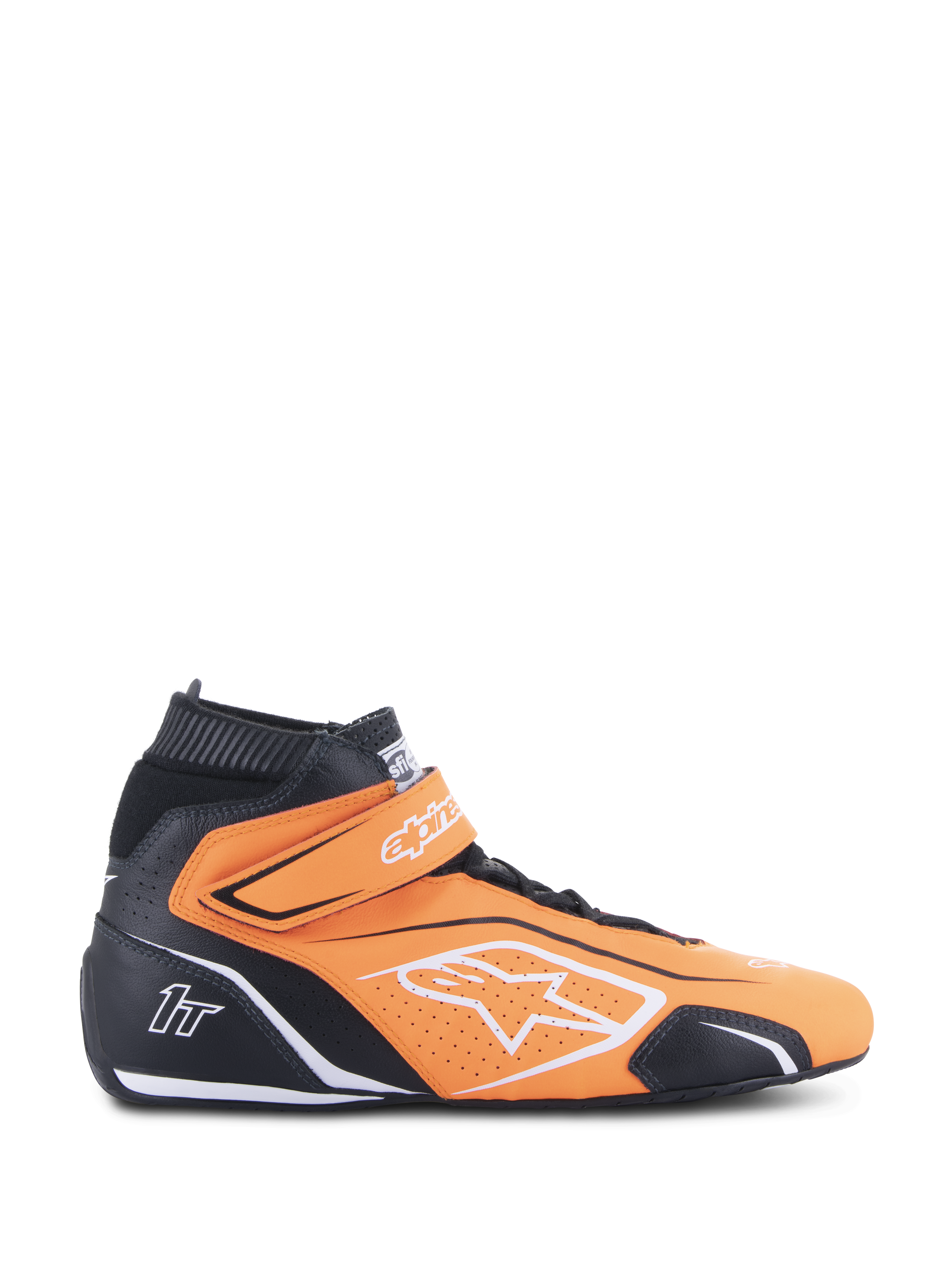 Alpinestars Tech-1 T V3 FIA Racing Shoes, naranja flúor y negro, calzado de automovilismo de caña alta con detalles blancos y correa de velcro en el tobillo, cuero perforado para transpirabilidad, vista lateral de equipo profesional de automovilismo
