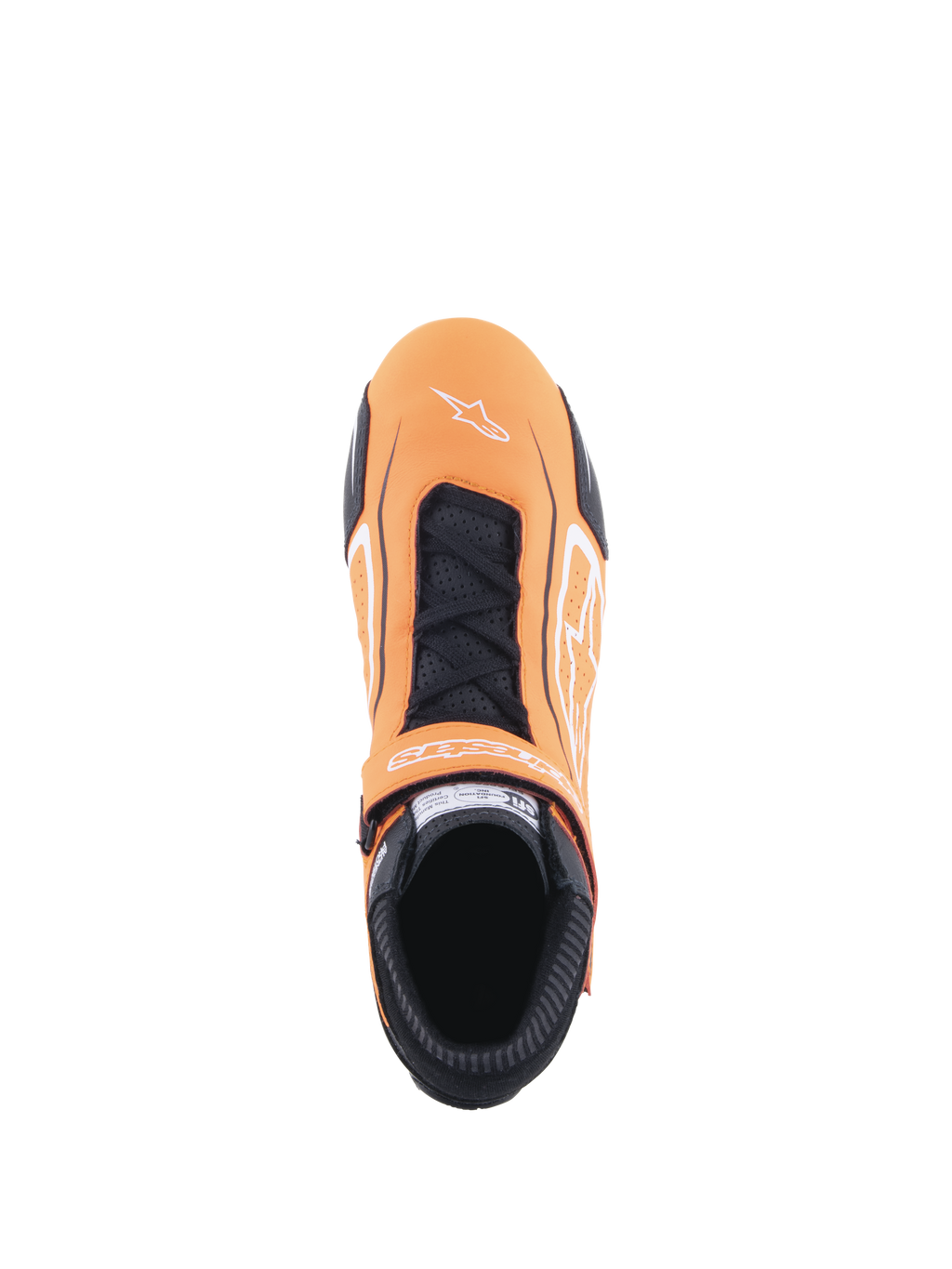 Alpinestars Tech-1 T V3 Shoes, zapatos de automovilismo, naranja flúor, negro y blanco, vista superior que muestra el cierre de cordones y la correa de gancho y bucle, logotipo de Alpinestars blanco en la puntera, paneles de cuero perforado y cuello ignífugo negro