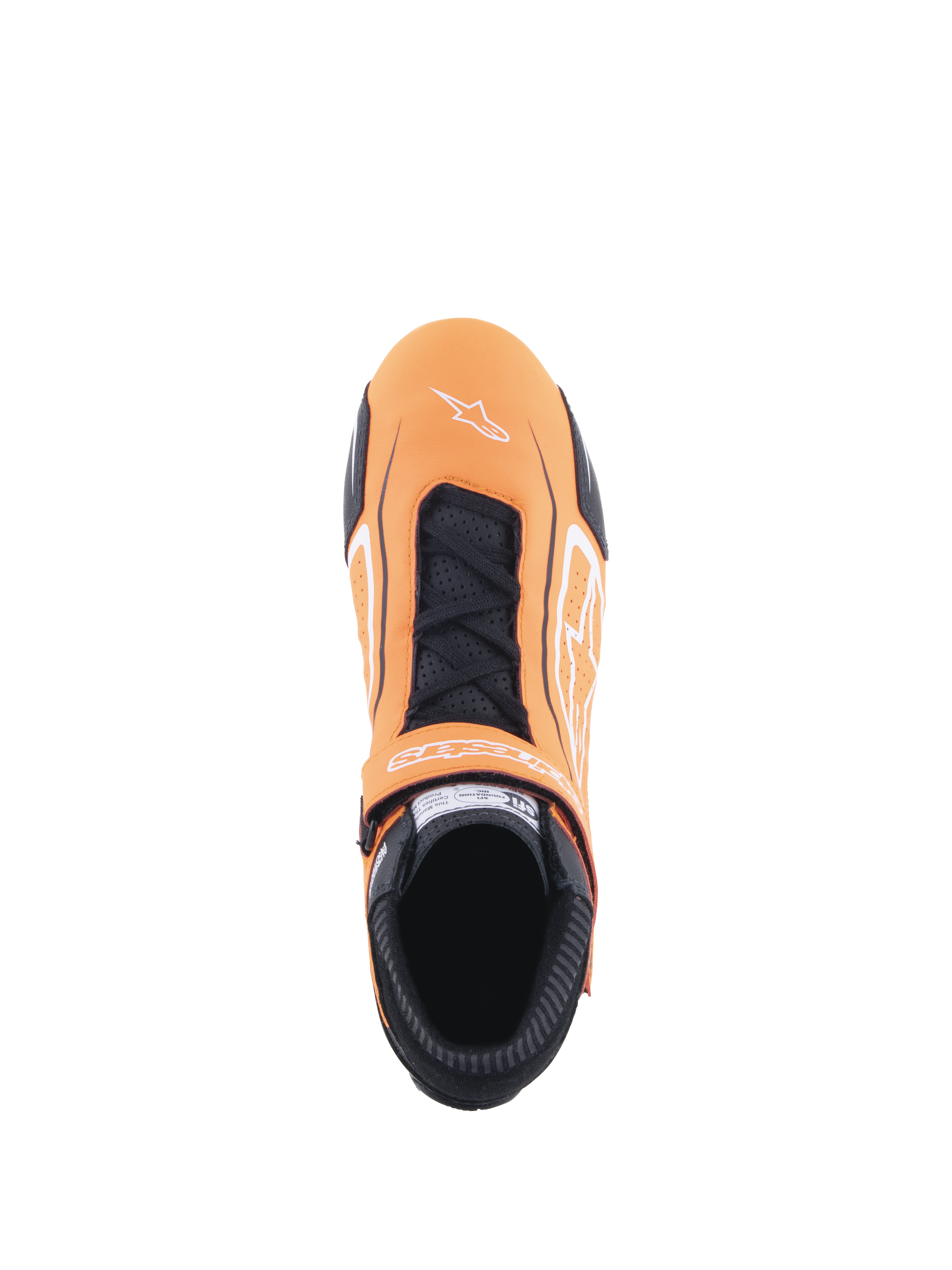 Alpinestars Tech-1 T V3 Shoes, zapatos de automovilismo, naranja flúor, negro y blanco, vista superior que muestra el cierre de cordones y la correa de gancho y bucle, logotipo de Alpinestars blanco en la puntera, paneles de cuero perforado y cuello ignífugo negro