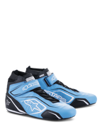 Alpinestars Tech-1 T V3 Shoes FIA, calzado para automovilismo, azul claro, negro y blanco, confección en cuero de vaca con correa de gancho y bucle y cierre de cordones, con la marca Alpinestars y el logotipo de la estrella blanca, calzado profesional de automovilismo