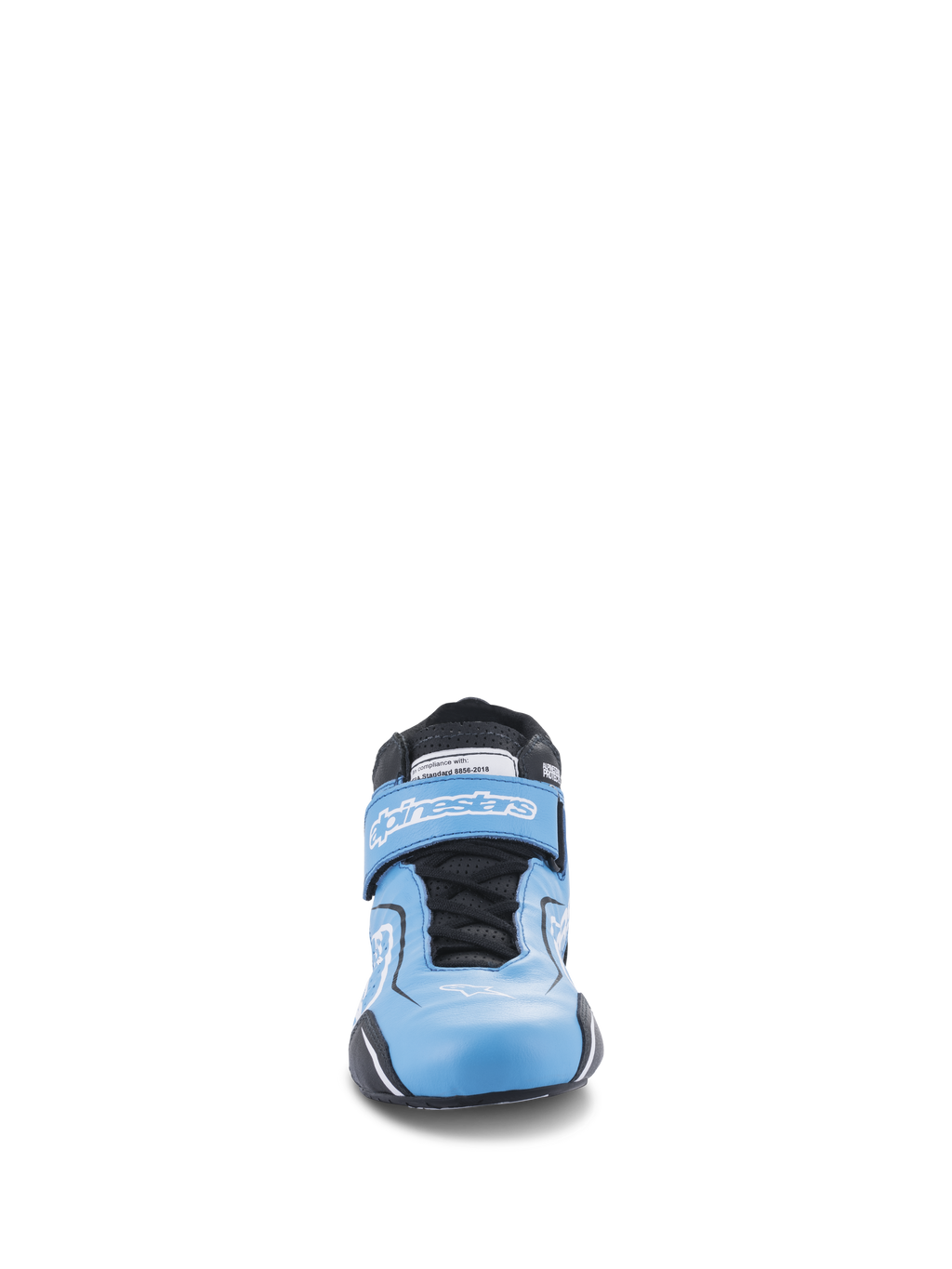 Alpinestars Tech-1 T V3 Shoes FIA, zapatos de automovilismo, azul claro con detalles en negro y blanco, vista frontal que muestra el sistema de doble cierre con cordones y correa de gancho y bucle, calzado de cuero de alto rendimiento para conducción