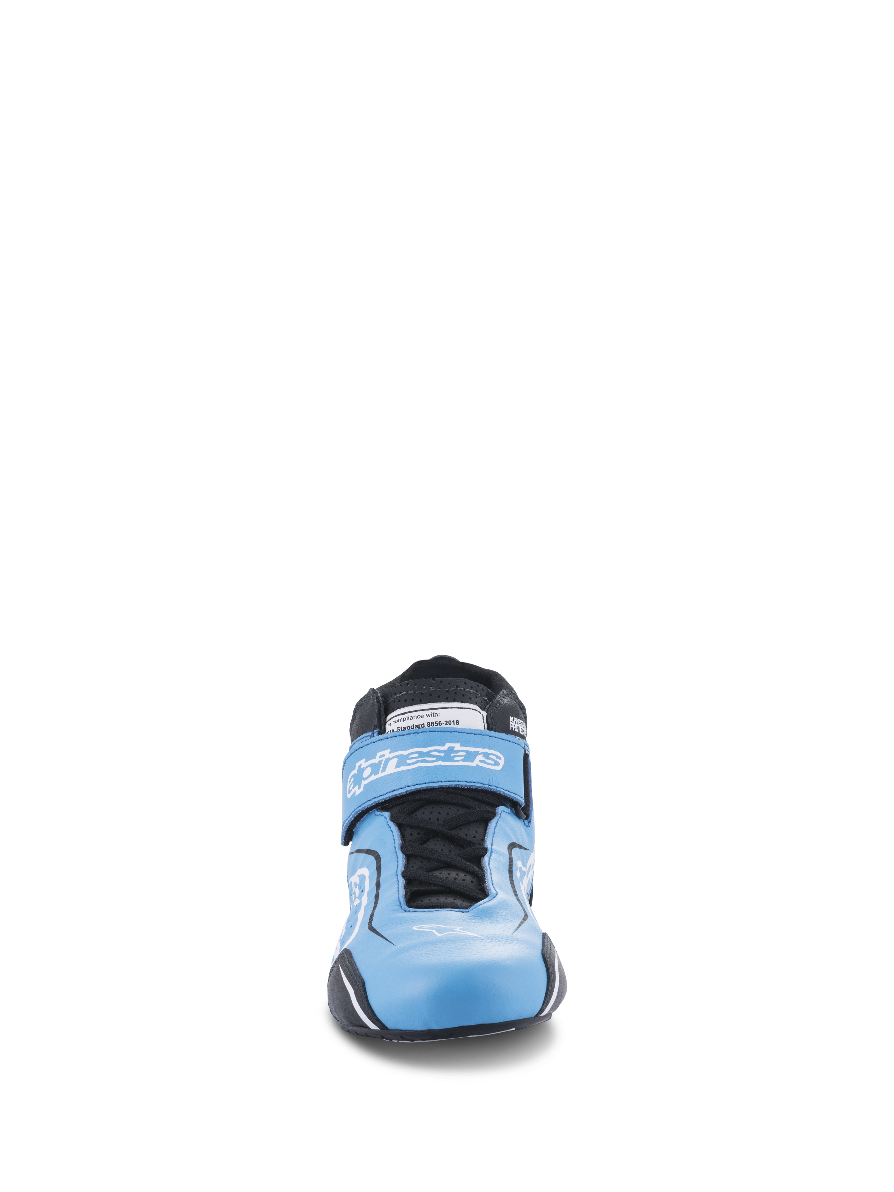 Alpinestars Tech-1 T V3 Shoes FIA, zapatos de automovilismo, azul claro con detalles en negro y blanco, vista frontal que muestra el sistema de doble cierre con cordones y correa de gancho y bucle, calzado de cuero de alto rendimiento para conducción