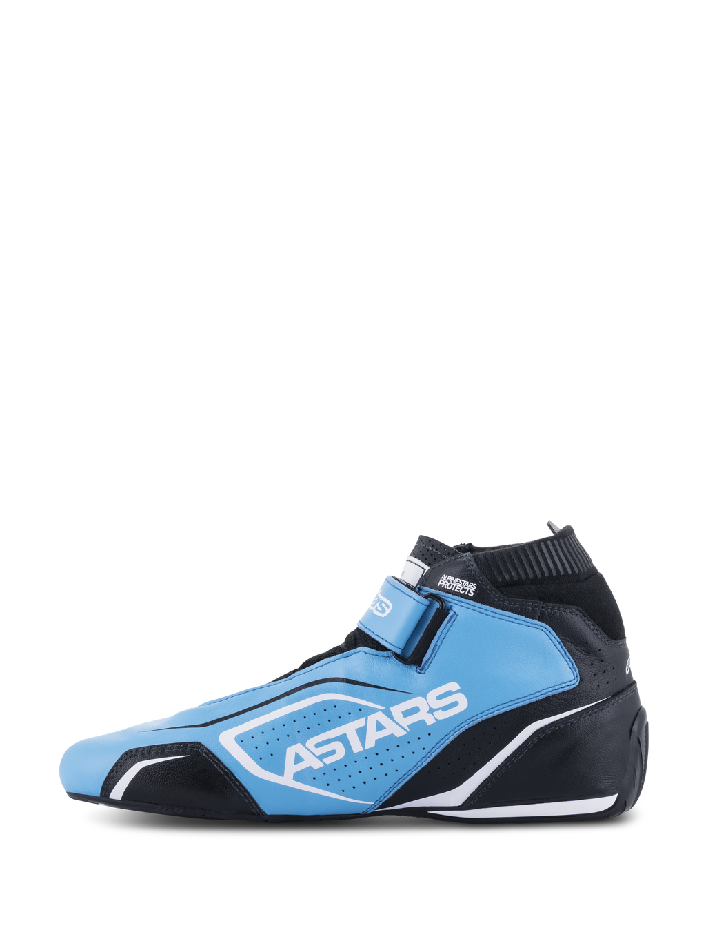 Zapatos Alpinestars Tech-1 T V3 FIA, calzado de automovilismo, azul claro, negro y blanco, con la marca ASTARS, paneles de cuero perforado y una silueta de carreras estilizada.