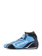 Zapatos Alpinestars Tech-1 T V3 FIA, calzado de automovilismo, azul claro, negro y blanco, con la marca ASTARS, paneles de cuero perforado y una silueta de carreras estilizada.