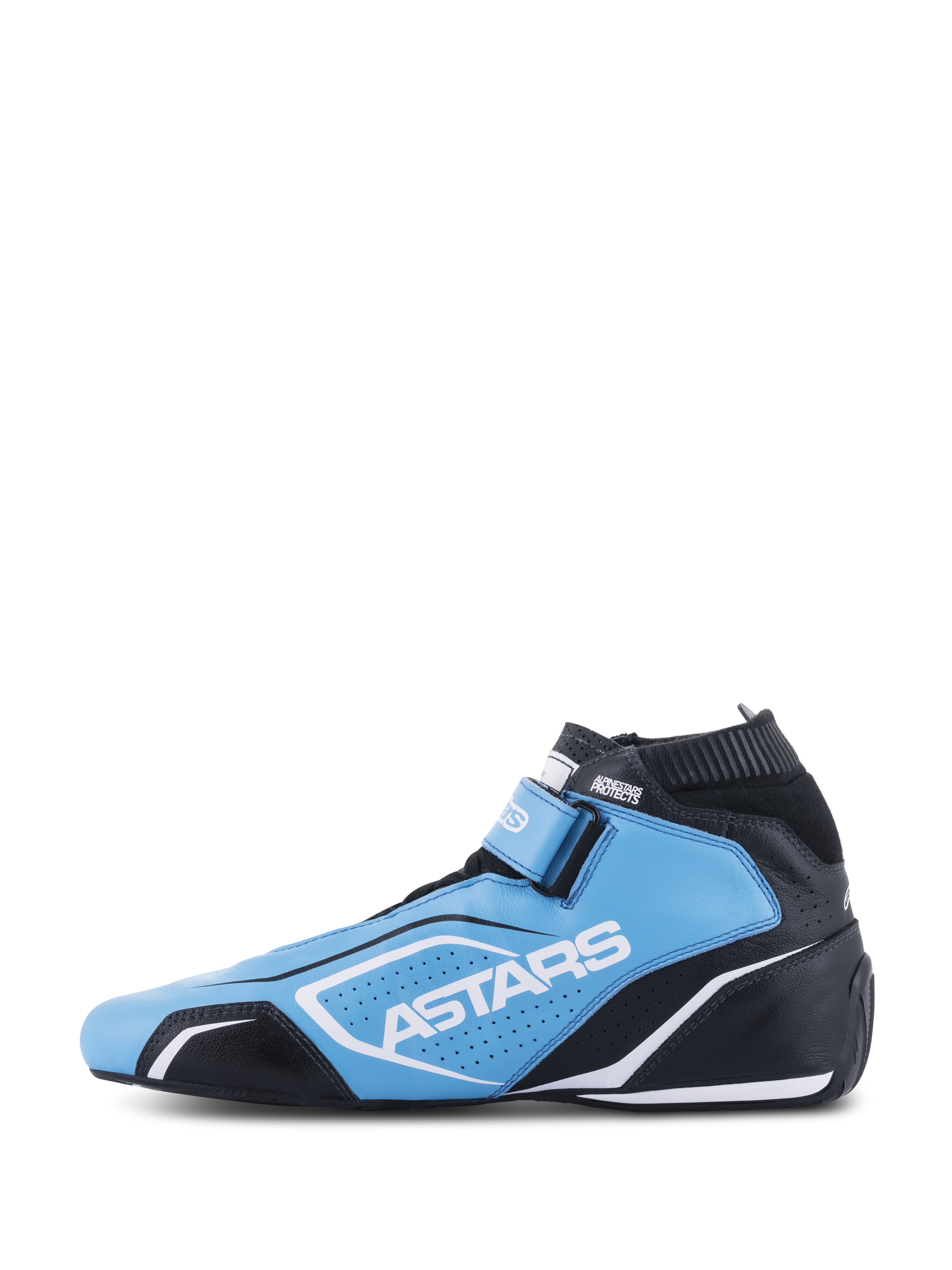 Zapatos Alpinestars Tech-1 T V3 FIA, calzado de automovilismo, azul claro, negro y blanco, con la marca ASTARS, paneles de cuero perforado y una silueta de carreras estilizada.
