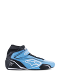 Zapatillas Alpinestars Tech-1 T V3 FIA, calzado de automovilismo de caña alta, azul claro y negro con detalles blancos, vista lateral con correa de velcro, logo de estrella blanco, construcción de cuero perforado y suela delgada de alto rendimiento