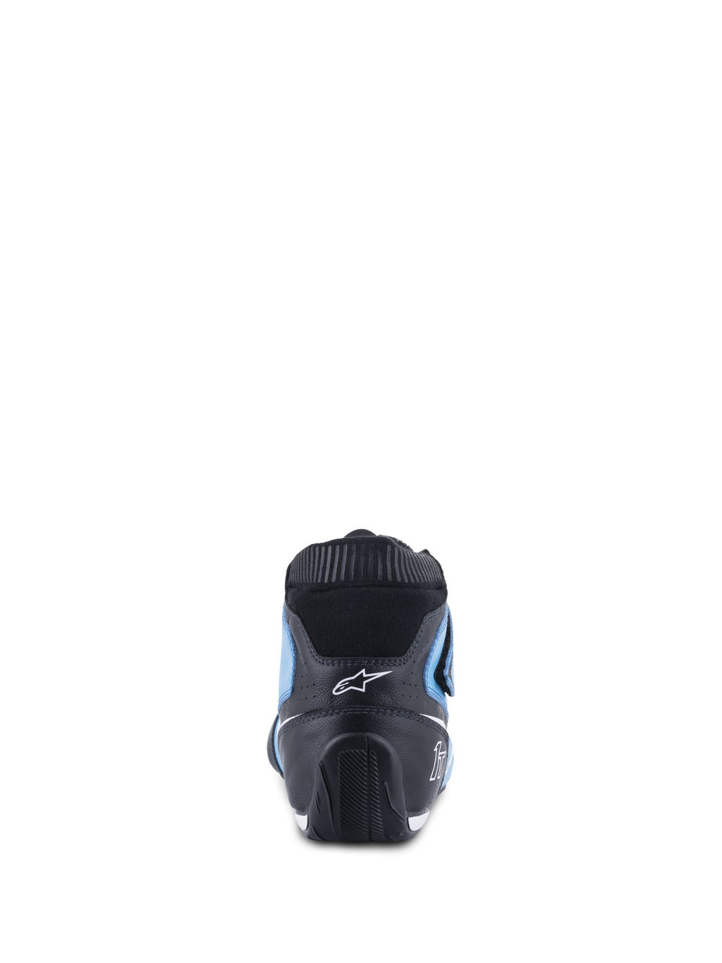 Alpinestars Tech-1 T V3 Shoes FIA, zapatos de automovilismo, azul claro, negro y blanco, vista posterior con el talón de cuero negro, paneles laterales azul claro y cuello elástico ignífugo negro, diseño ergonómico con el logotipo blanco de Alpinestars