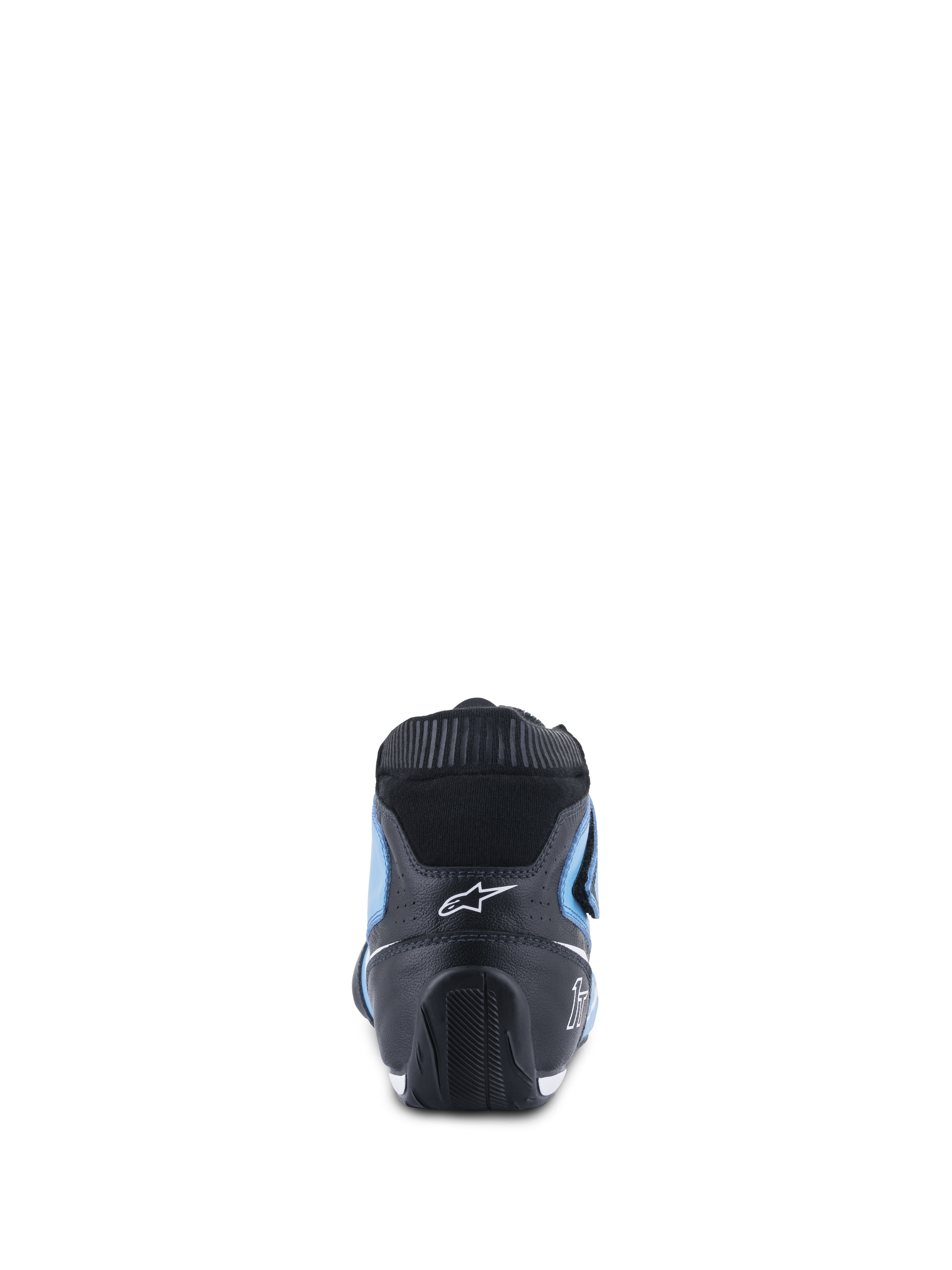 Alpinestars Tech-1 T V3 Shoes FIA, zapatos de automovilismo, azul claro, negro y blanco, vista posterior con el talón de cuero negro, paneles laterales azul claro y cuello elástico ignífugo negro, diseño ergonómico con el logotipo blanco de Alpinestars