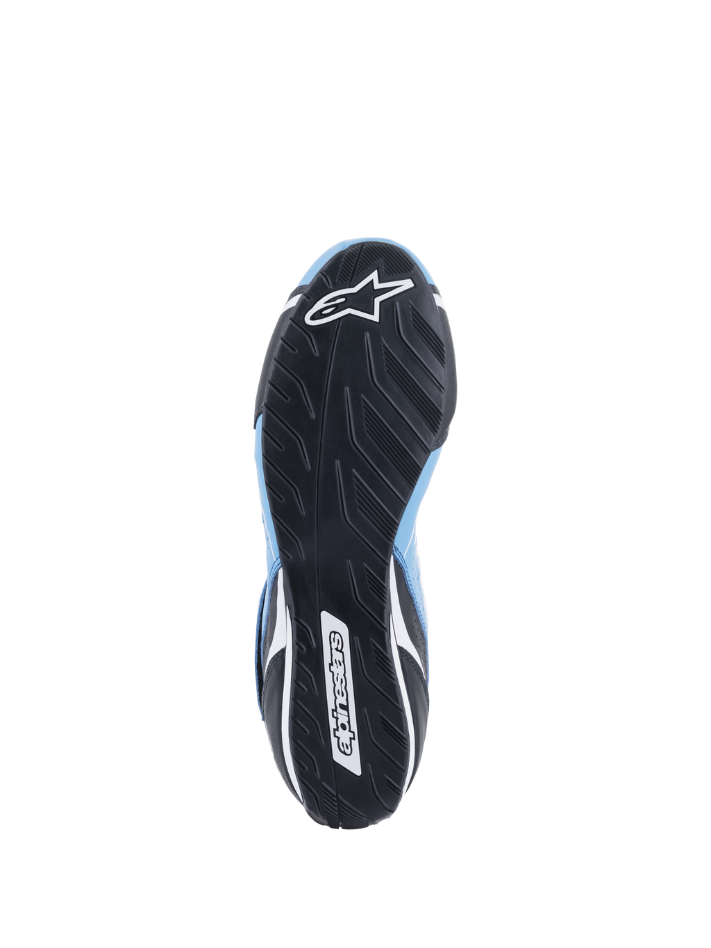 Zapatos Alpinestars Tech-1 T V3 FIA, vista inferior de la suela de goma negra, diseño de dibujo de neumático asimétrico, logotipos de la estrella y el nombre de Alpinestars en blanco, detalles de cuero azul claro y negro, calzado de alto rendimiento para automovilismo