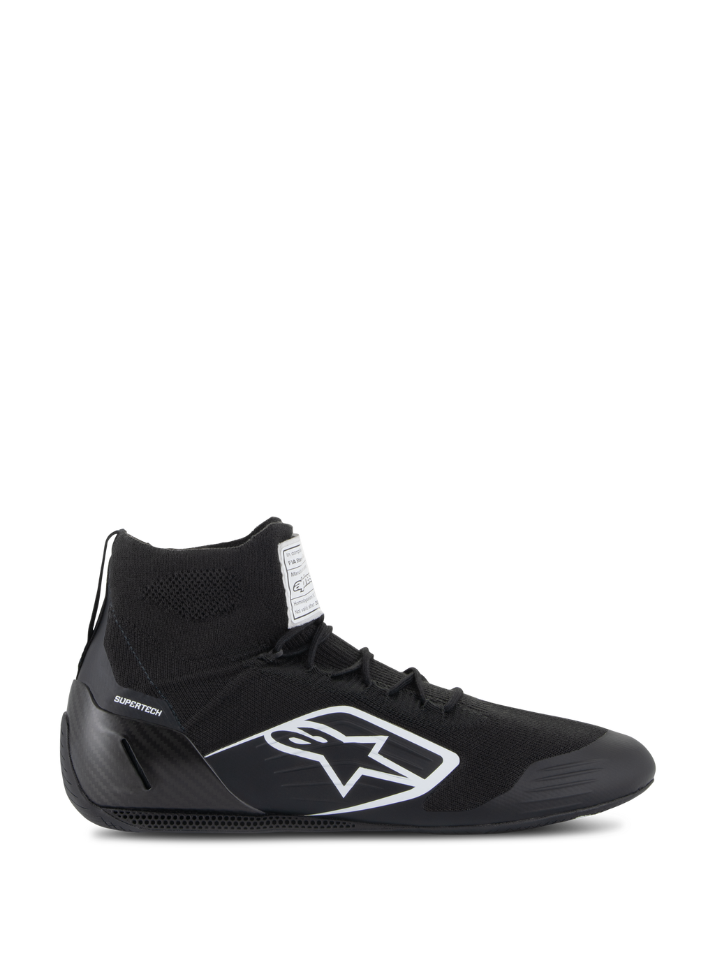 Zapatos Alpinestars Supertech, calzado de carreras de autos certificado por la FIA/SFI, negros con logo de la estrella de Alpinestars en blanco, diseño de caña alta con parte superior tejida y copa del talón de fibra de carbono, calzado profesional para automovilismo