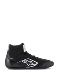 Zapatos Alpinestars Supertech, calzado de carreras de autos certificado por la FIA/SFI, negros con logo de la estrella de Alpinestars en blanco, diseño de caña alta con parte superior tejida y copa del talón de fibra de carbono, calzado profesional para automovilismo