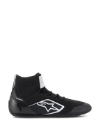 Zapatos Alpinestars Supertech, calzado de carreras de autos certificado por la FIA/SFI, negros con logo de la estrella de Alpinestars en blanco, diseño de caña alta con parte superior tejida y copa del talón de fibra de carbono, calzado profesional para automovilismo